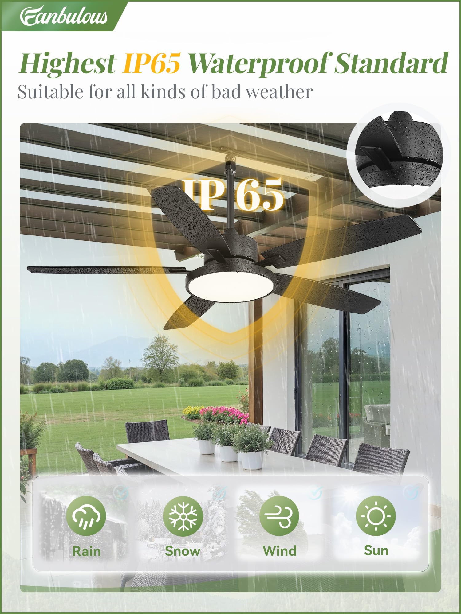 Fanbulous - Ventiladores de techo para exteriores de 52 pulgadas con luz y mando a distancia, IP65 con motor de CC de 6 velocidades, ventilador de cenador de granja para porche y pabellón (negro)