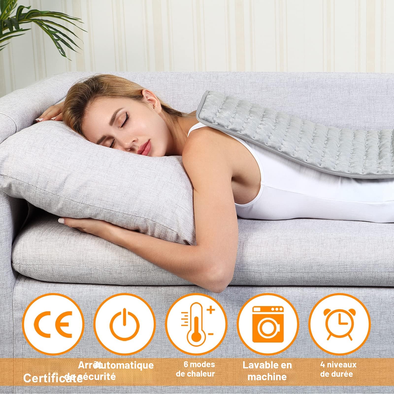 Coussin Chauffant, Coussin Chauffant éLectrique Avec ArrêT Automatique et Coussin Chauffant à 6 Niveaux de TempéRature - Lavable en Machine (Gris Argent, 30x60 cm)