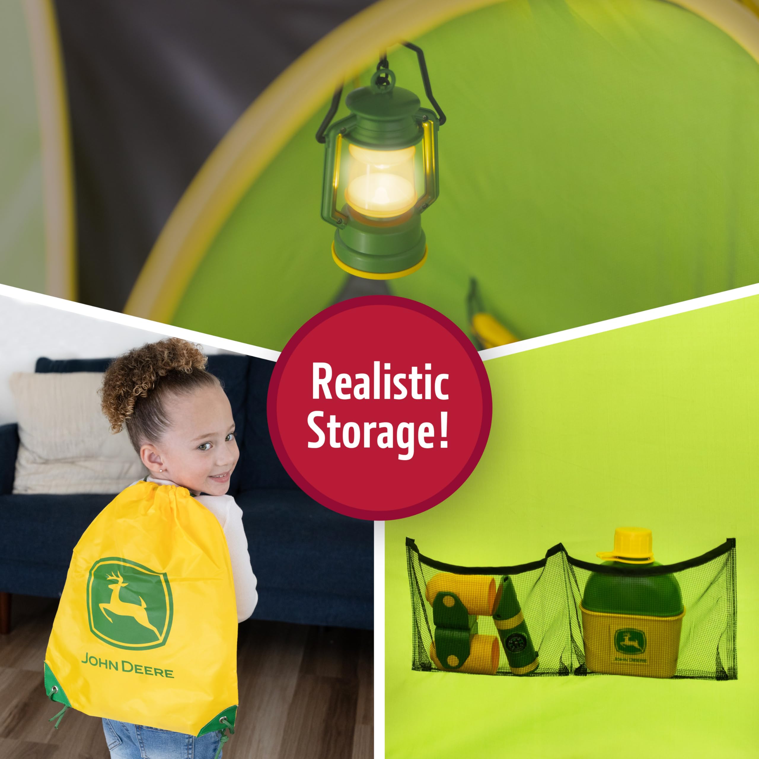 John Deere Tenda da campeggio pop-up, set da 18 pezzi, include mensa, piatti, utensili, cibo da gioco, pentole, binocoli, lanterna e torcia, giochi per interni ed esterni