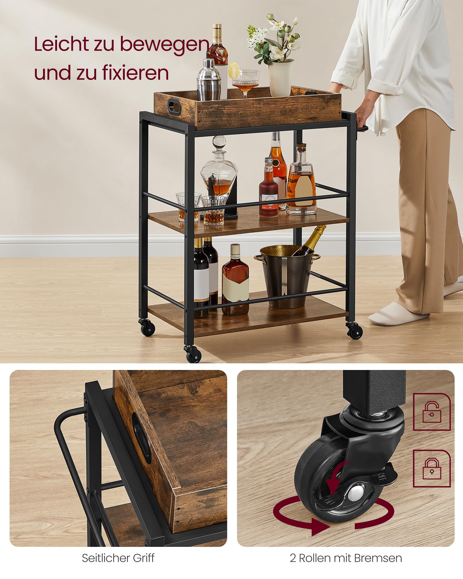 VASAGLE Servierwagen, Küchenwagen, abnehmbares Tablett, mit verstellbaren Füßen und Rollen, Küchenregal, Stahlrahmen, 40 x 72 x 86 cm, Industrie-Design, vintagebraun-schwarz LRC72X