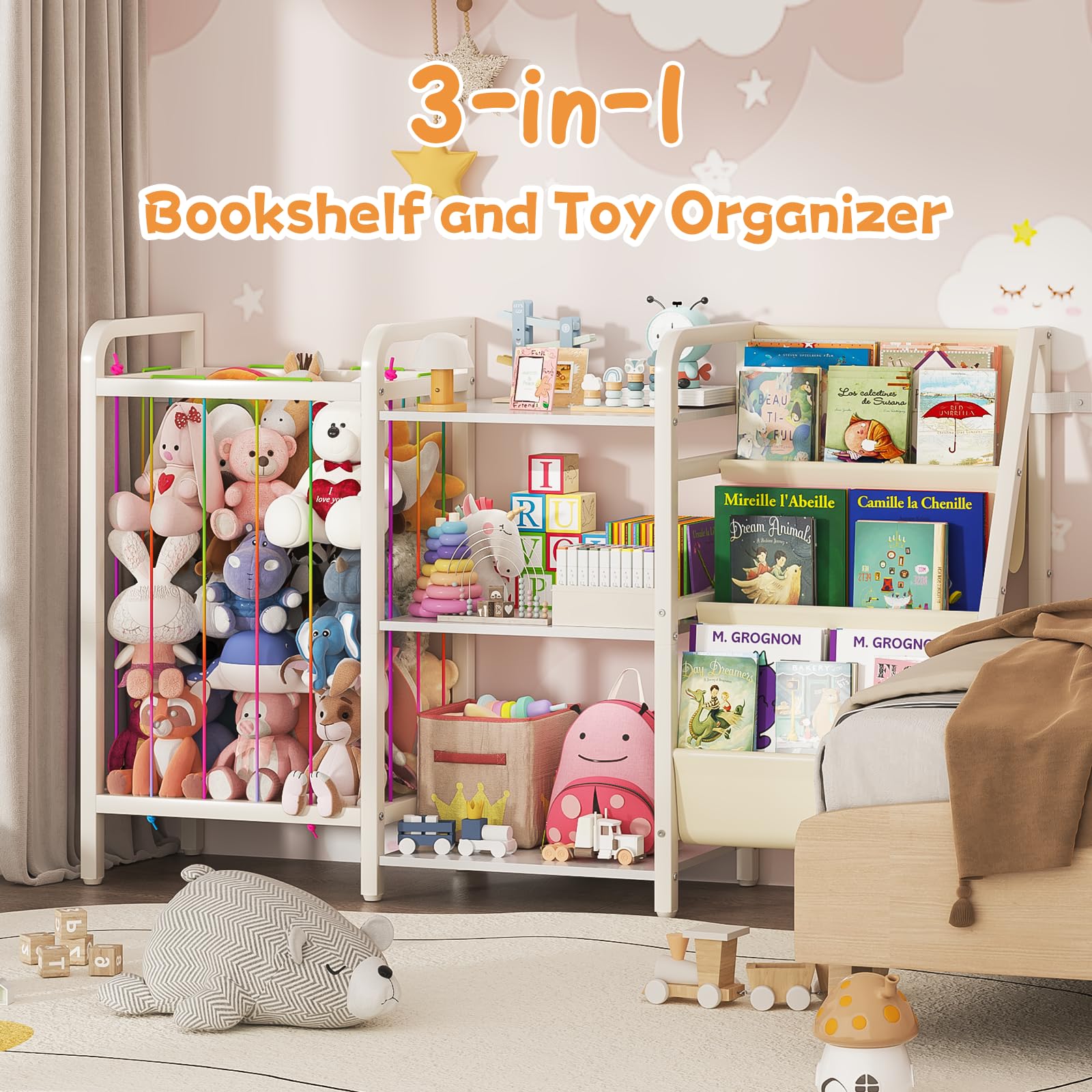 B1 - Estantería infantil y almacenamiento de juguetes, estante para libros de 3 niveles para habitaciones de niños, estantería para bebés con almacenamiento de animales de peluche, estantería 5