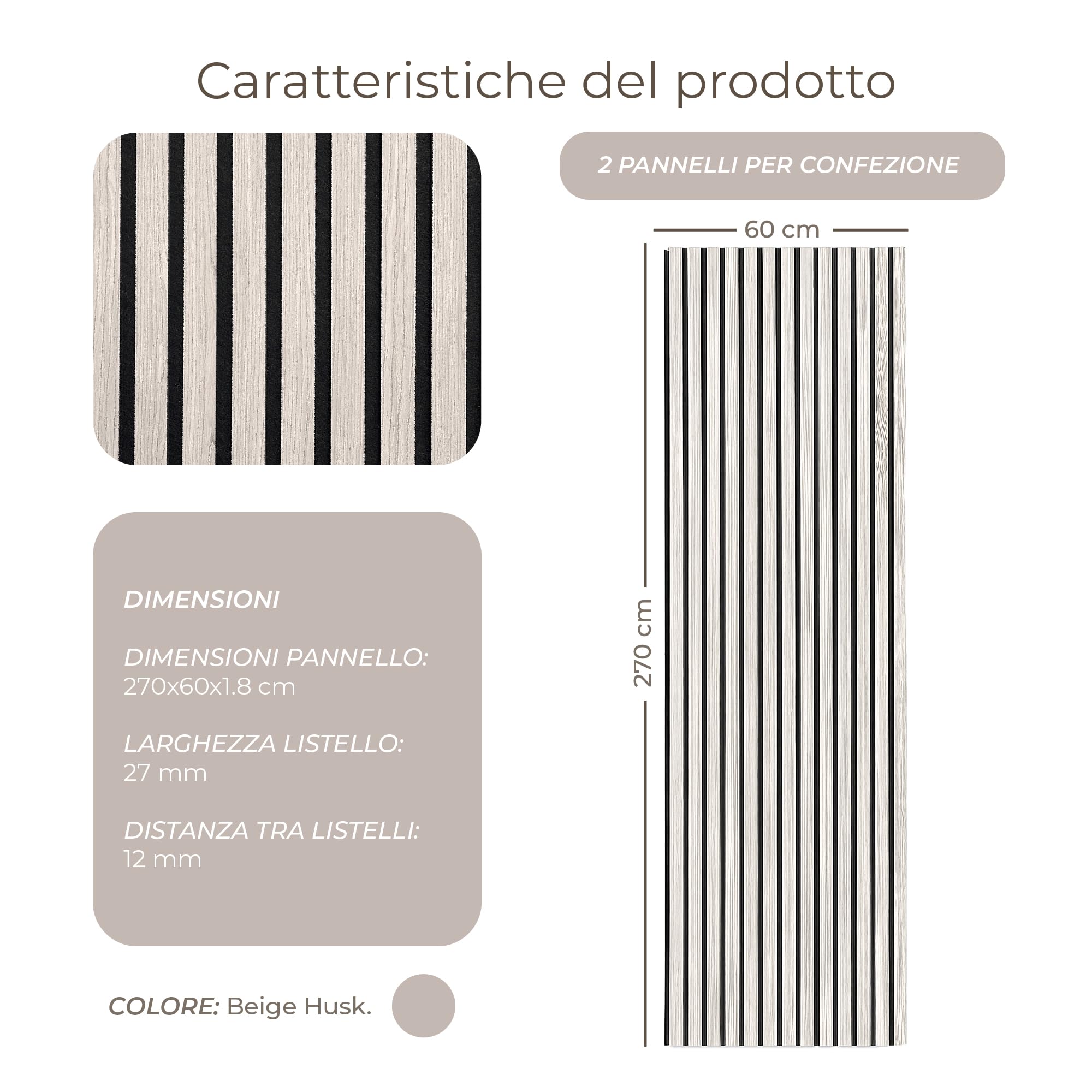 Brigros - Set 2 Pannelli Fonoassorbenti Decorativi In Legno 270x60 Cm Con Doghe In DuroPolimero E Feltro, Pannelli Acustici Insonorizzanti Per Pareti Con Design Moderno (Beige Husk)