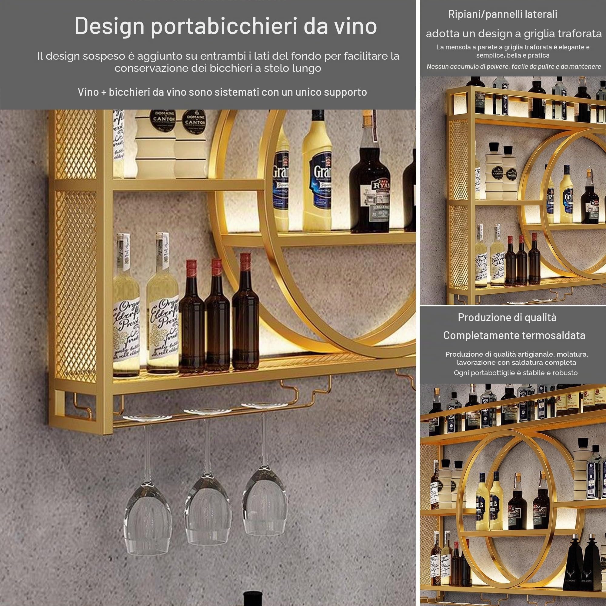Portabottiglie Porta Bottiglie di Vino da Parete Cantinetta Vino con Porta Calici Porta Vini con Luce a Led Angolo Bar Mobile Bar per Casa Cucina Sala da Pranzo Bar(Black,100cm/39.37in)