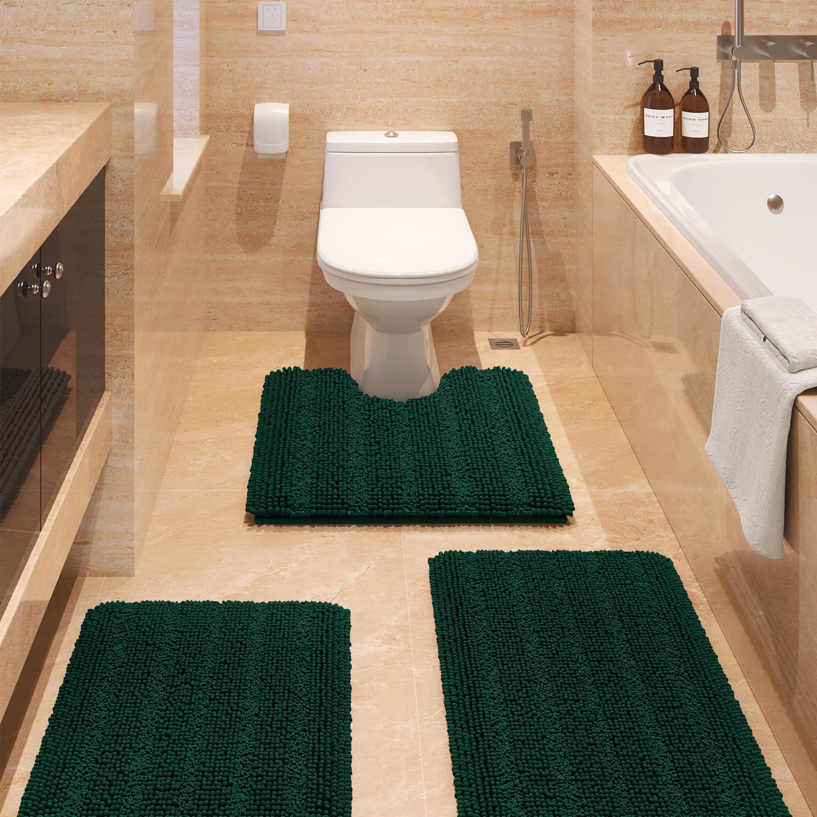 Striped Deep Green Bathroom Rug Set 3 Pieces Ultra Soft