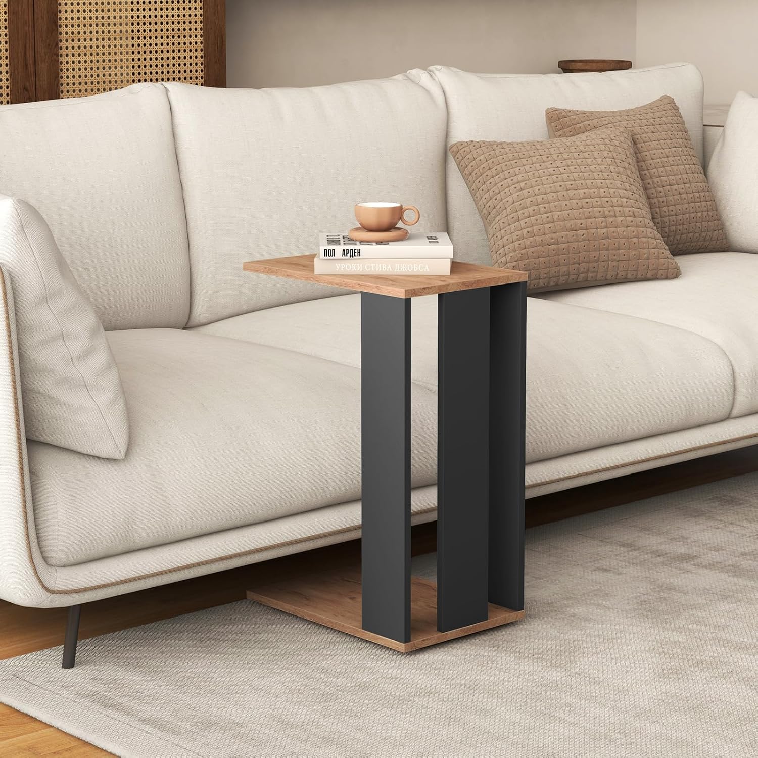 Giantex Rolling C Shaped End Table, 2-Tier Sofa Side Table with Universal Wheels & Storage Shelf, Narrow Nightstand for Small Space, Mobile Snack Couch Tray Table for Living Room & Bedroom