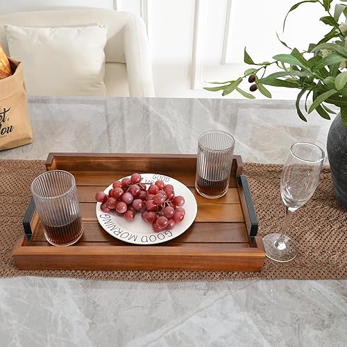 Miniatura 5 de Bandeja de madera de acacia de 17 x 11 pulgadas con mango de hierro negro. Bandeja decorativa para café, whisky, bandeja de madera para cocina, sala