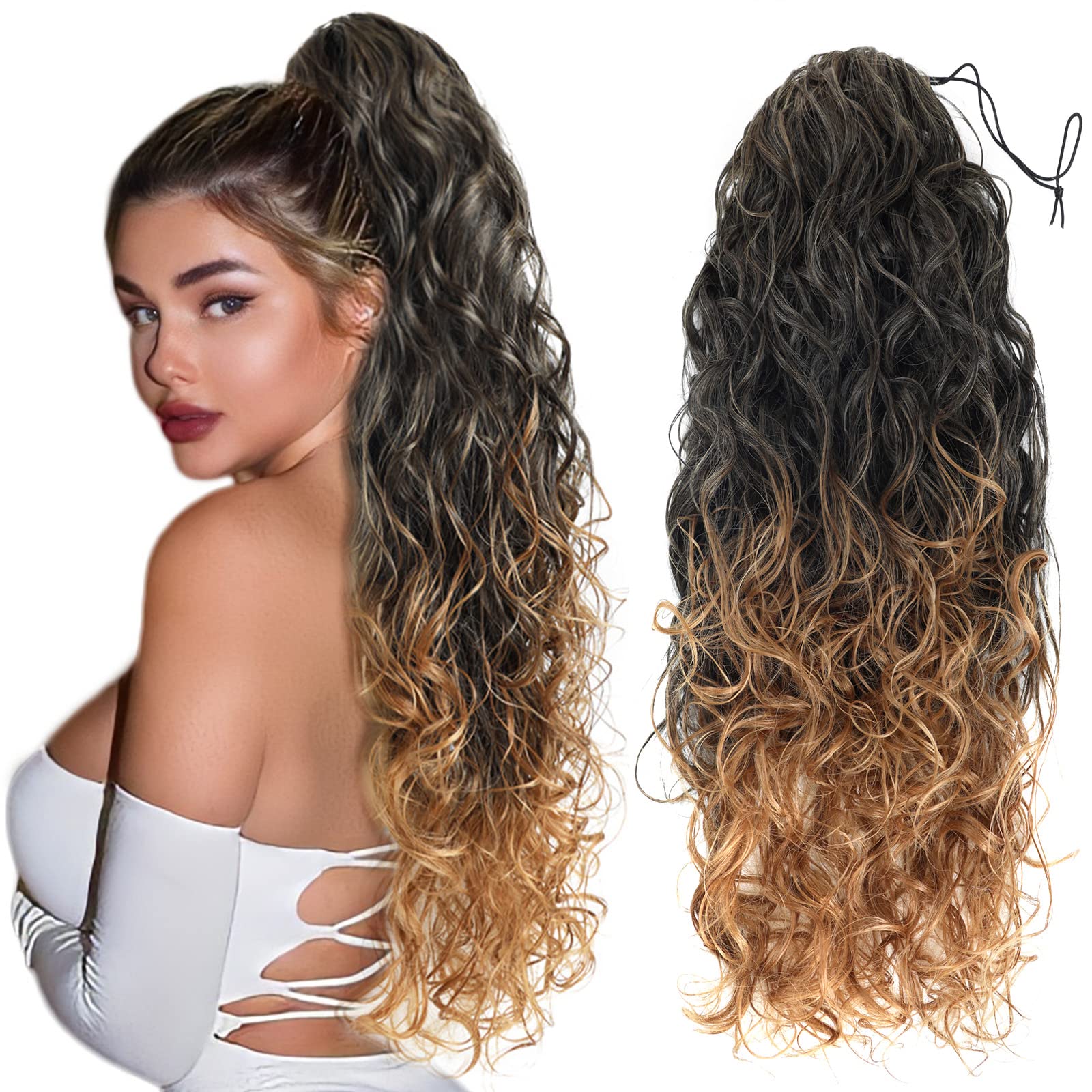 Ombre 1B/27 Hair Extensions Ponytail - for black women Long Wavy Drawstring Ponytail Extainson Clip in Ponytail Extensions Blonde real natural hair