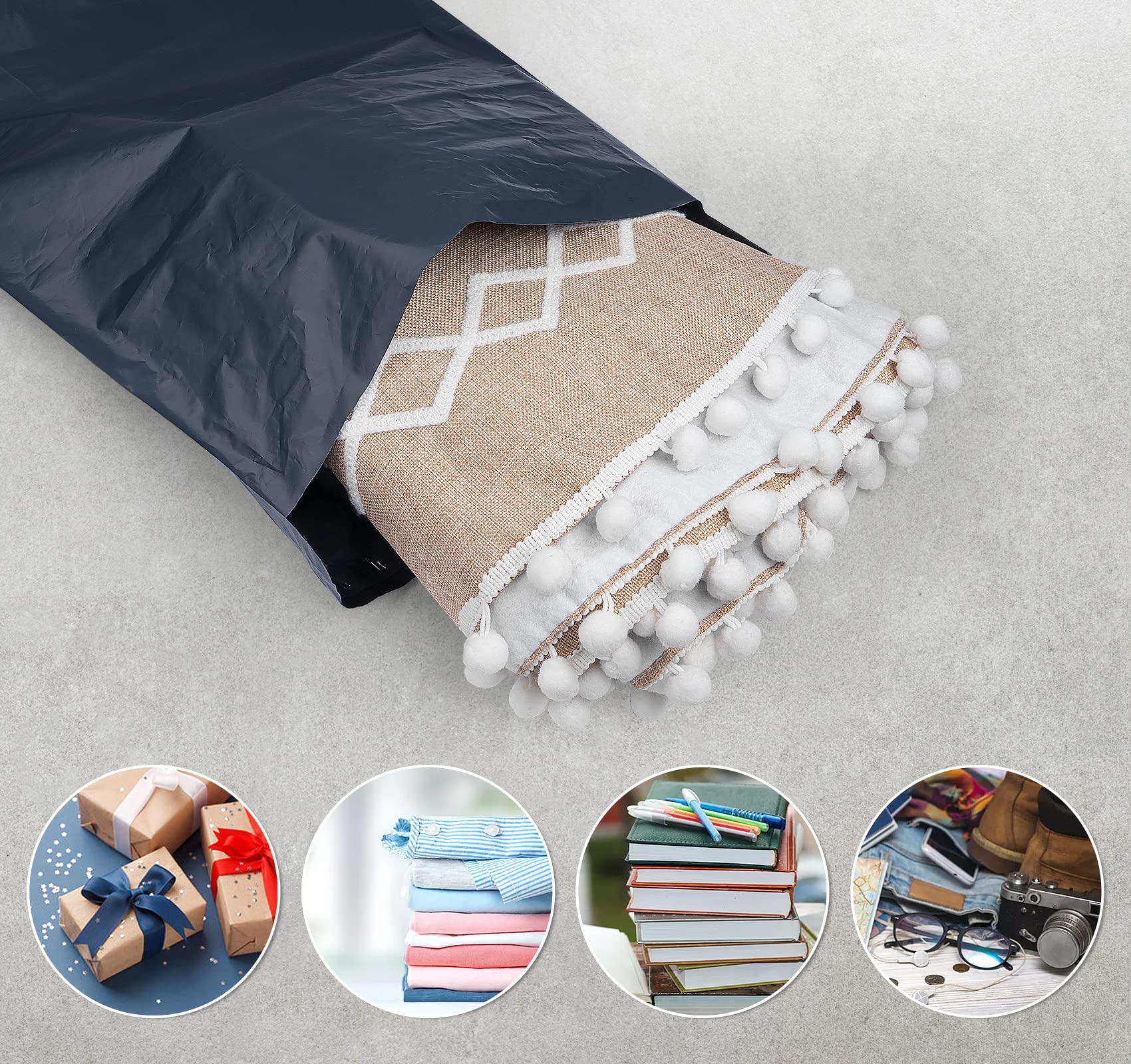 Bolsas postales, 100 bolsas de plástico para correo, pequeñas a grandes, mixtas, 4 tamaños, bolsas de correo autoadhesivas, sobres de polietileno para envío y embalaje (gris oscuro)