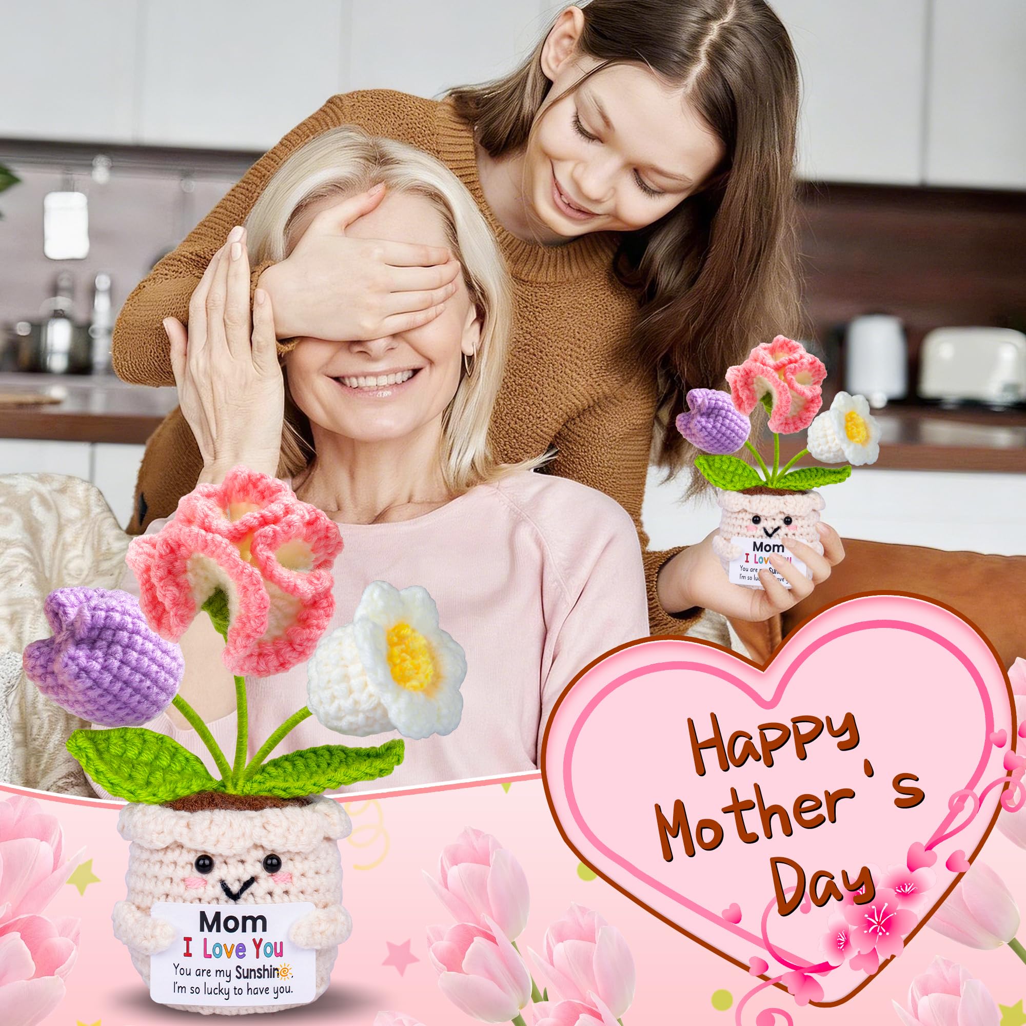 Mothers Day Mom Gifts for Mom, Gifts for Moms from Daughter Son, Mother's Day Birthday Gift for Moms Mother in Law Step Mama, Cute Handmade Crochet 3 Flowers Pot Doll I Love You Present for Mum - 3