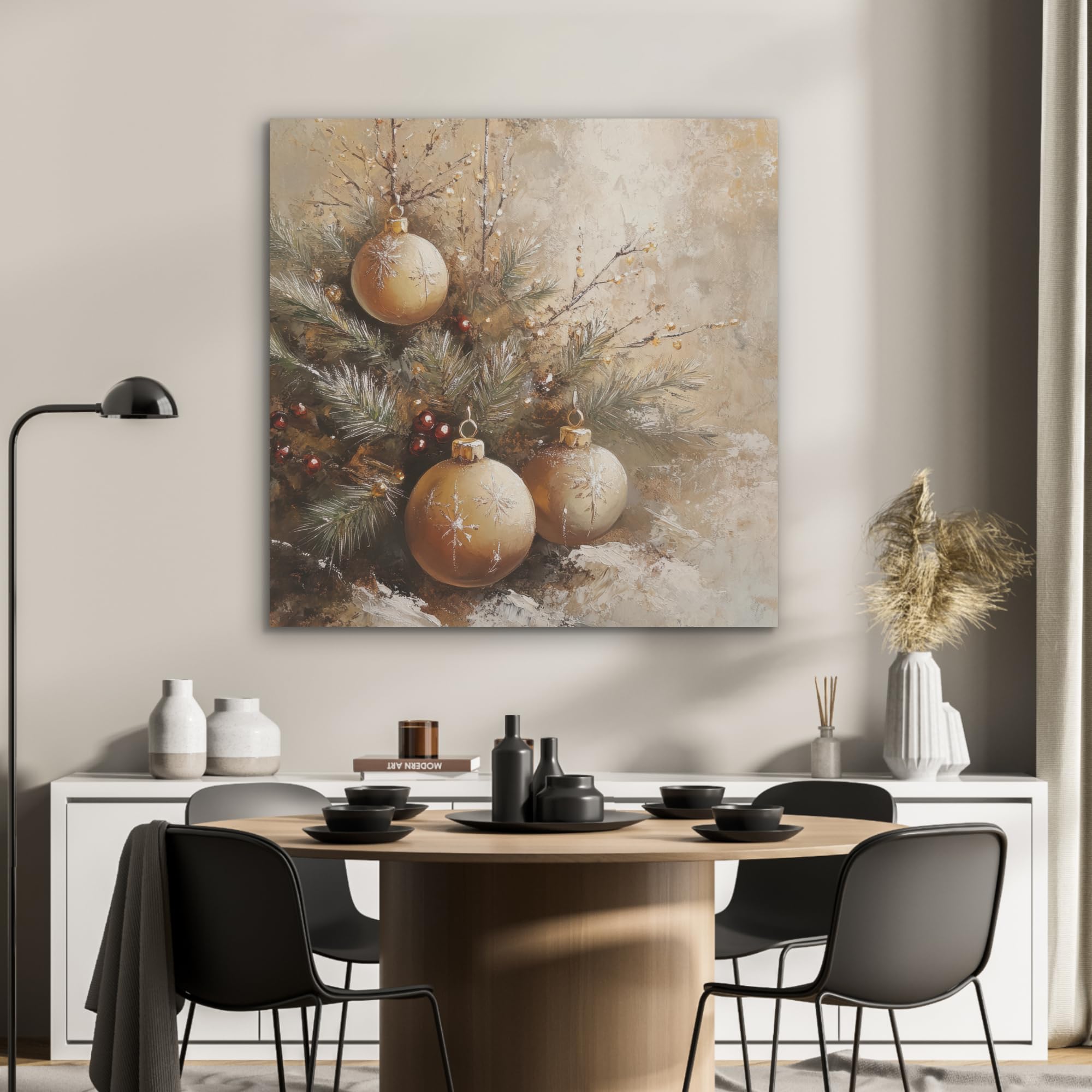 MuchoWow© Bilder aus Filz 90x90 cm Wohnzimmer Deko Modern Wandbild Kunstdruck Bild Schlafzimmer über Bett Room Decor Geschenke Weihnachten - Weihnachtskugeln - Beige - Gold