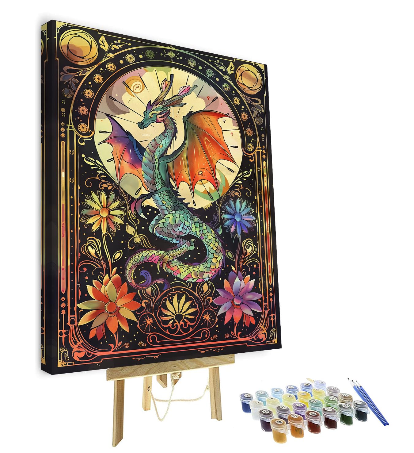 Dragon Paint by Numbers, Ancient Dragon Paint by Numbers Kit for Adults, Abstract Color Twin-Flying Pterosaurs DIY Oil Painting With Frame Paint by Number for Adults Beginners Enthusiasts 16x20inch