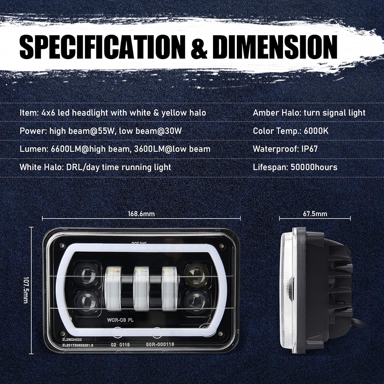 OPP ULITE 4x6 Led Headlights with White DRL Amber Turn Signal Halo Light, Seal Beam H4651 H4656 H6545 H4668, 4PC Pack (1730S-4)