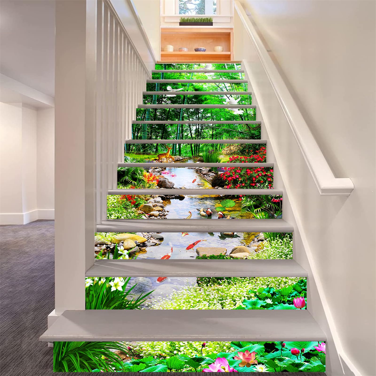 FLFK 13Pcs 3D Stream Bamboo Forest Stair Risers Stickers - Peel and Stick Vinyl Staircase Sticker -Stair Decals Decor for Stair Steps Home Office Decor 39.37"x7.09"
