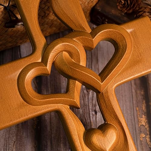 Miniatura 10 de BGCOPPER Cruz de matrimonio para decoración de pared de amor, cruz de pared de corazón entrelazado de madera hecha a mano para boda, San Valentín,