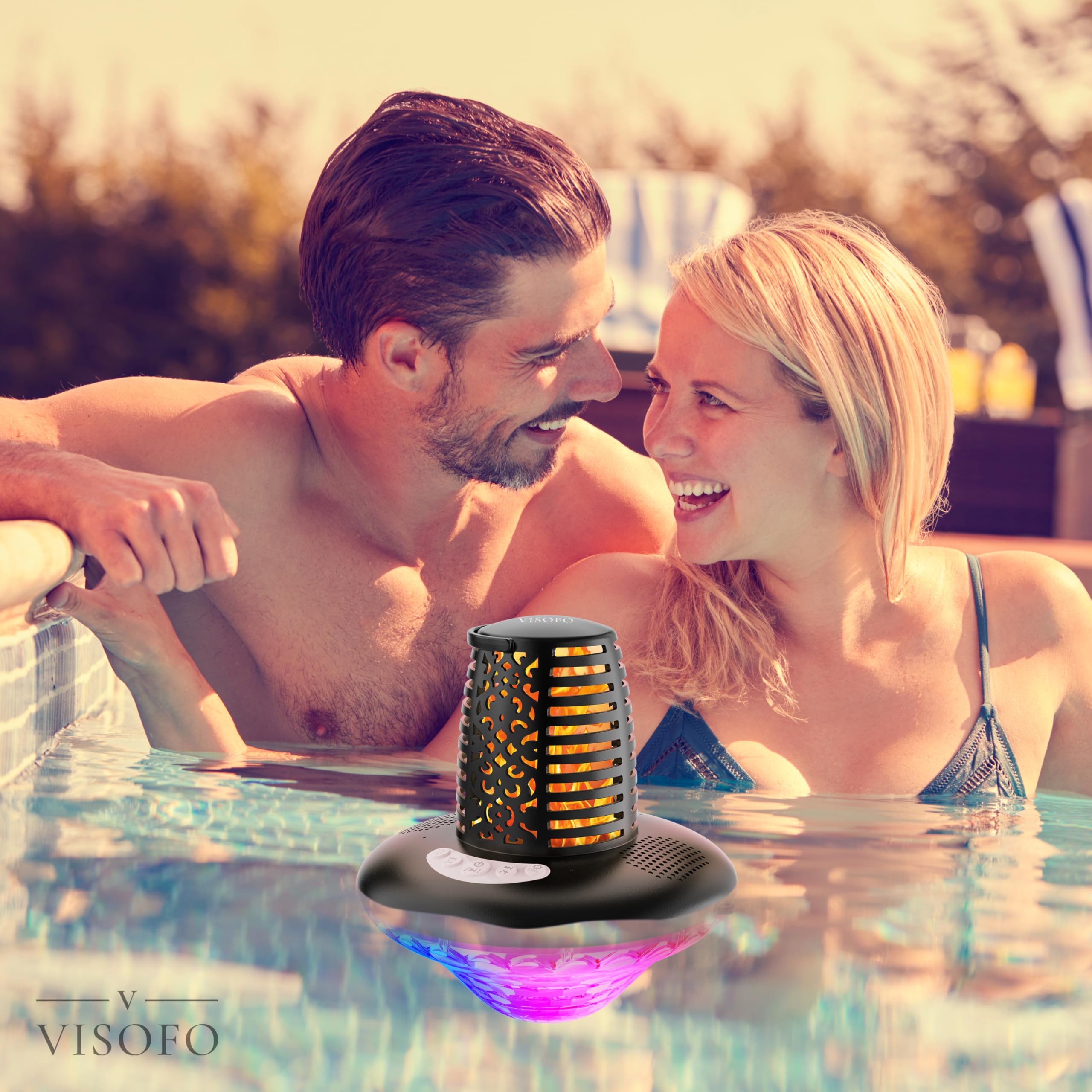 VISOFO Haut-Parleur de Piscine Bluetooth Flottant avec lumières | Accessoires Hors Sol et Piscine creusée étanche IP68 pour Jacuzzi extérieur terrasse Affaires sans Fil Cool Trucs (Multicolore)