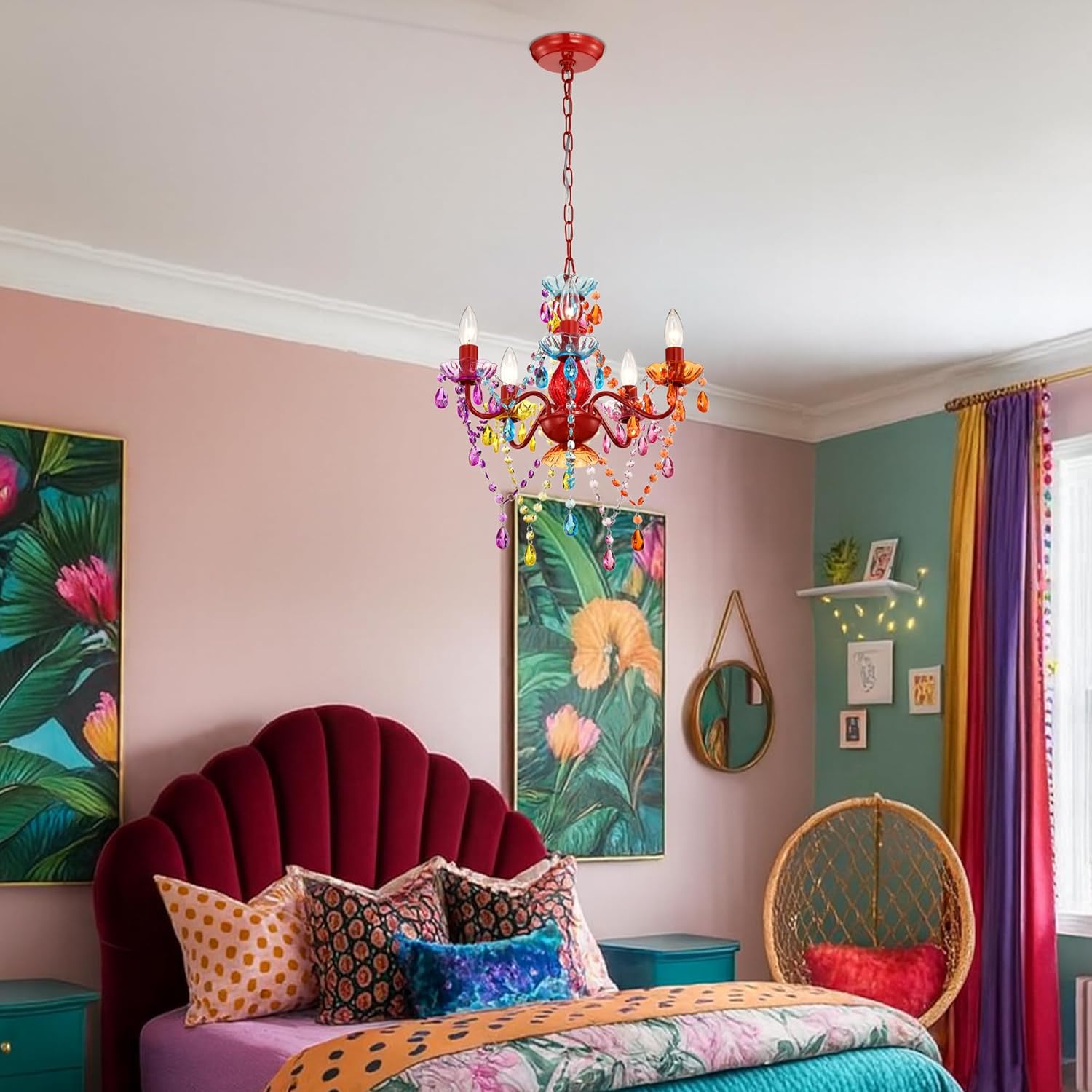 Colorful Chandelier for Bedroom Small 5-Light Acrylic Crystal Ceiling Light Fixture for Girls Bedroom, Pink Nursery Chandelier Lighting for Closet, Bathroom, Playroom, Entryway