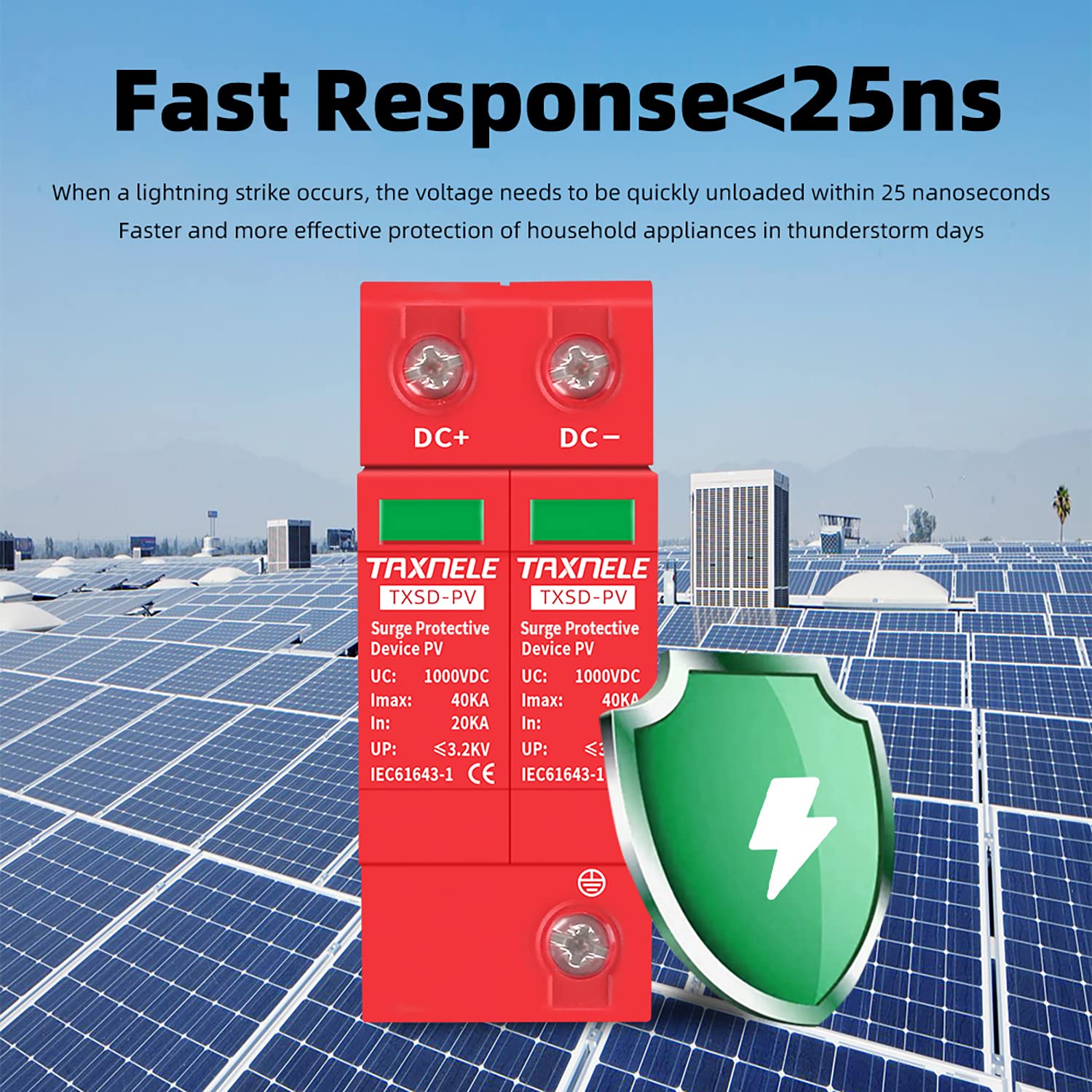 Surge Protective Arrester Device Rail Installation 2P DC SPD 1000V 600V Photovoltaic Lightning Protector House Surge Protective Low-Voltage Arrester Device 40KA (DC 1000V) - Image 2