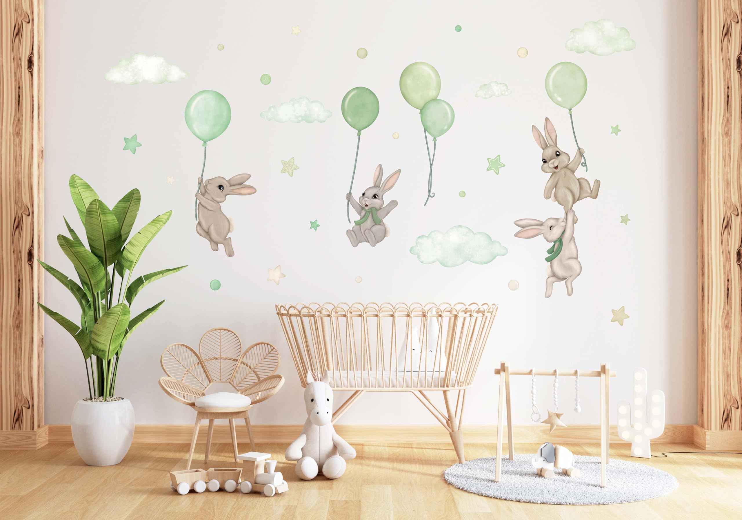 Adhesivo de pared para habitación de bebé - Adhesivo de pared para habitación de bebé - No tóxico, seguro, potente - 29 piezas de pegatinas, conejitos con globos - Verde, Crema, Beige
