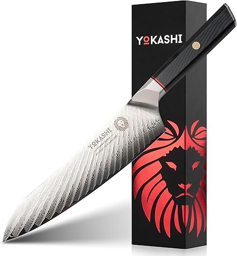 YOKASHI - Cuchillo japonés - Cuchillo de chef de Damasco de 8 pulgadas - Cortar, rebanar y cortar en cubitos precisos para chefs profesionales y