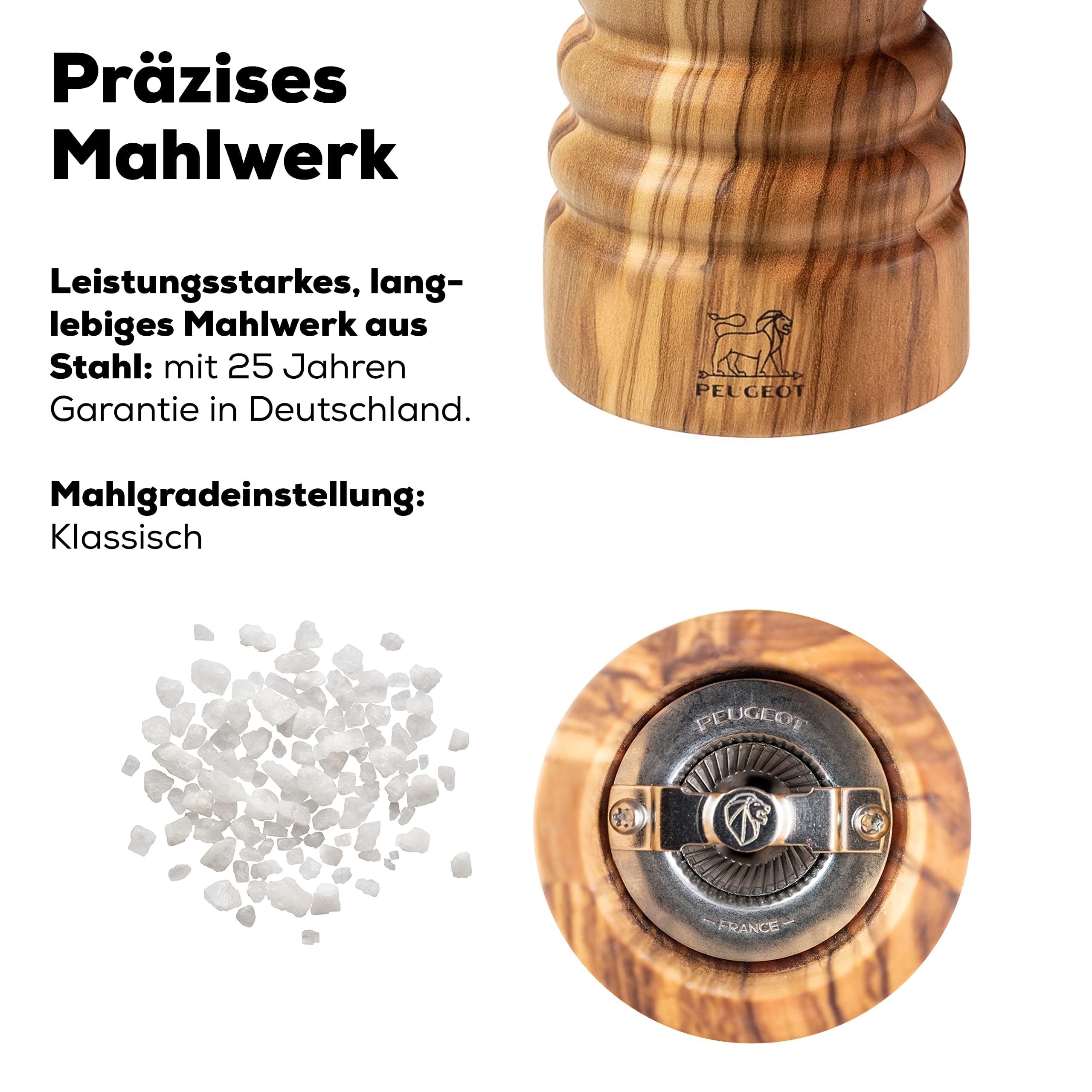 PEUGEOT - Salzmühle Paris 18 cm - Trockensalz - Klassische Mahlgradeinstellung - Aus PEFC-zertifiziertem Holz - französisches Know-how - Olivenholz