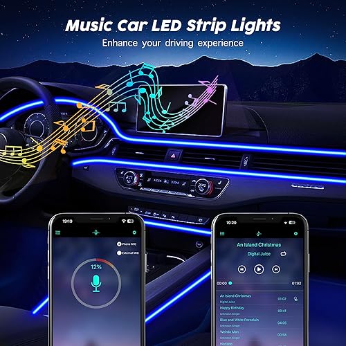 Miniatura 6 de Luces LED USB para automóvil, tira de luces interiores de automóvil con aplicación y control remoto RF, iluminación ambiental 2 en 1 con fibra