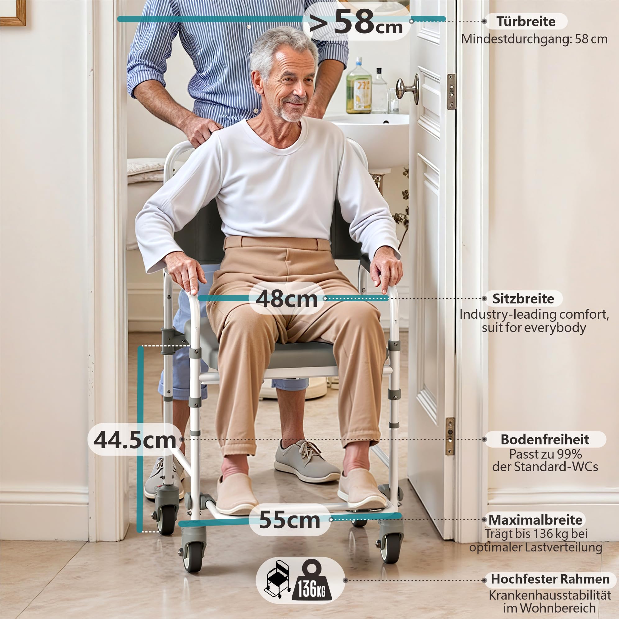 Toilettenrollstuhl & Duschstuhl 3-in-1 – Belastbar bis 120 kg – Mobiler WC-Stuhl mit Eimer & Fußstützen – Ideal für Senioren & Menschen mit Behinderung - Sicherer Nachtstuhl für Bad