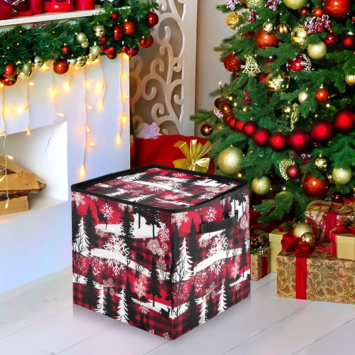 Christmas Tree Elks Christmas Ornament Storage Box for Next Season Holiday Decorations Storage Container with Adjustable Dividers & Lid Lidded Storage Bins for Decor Ornaments Balls Organizing