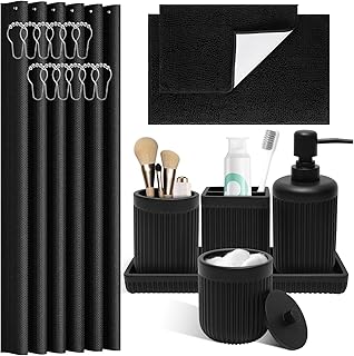 XLHOMO 8-Piece Matte Black Bathroom Set - Luxury Resin Bathroom Accessories Sets Complete with Shower Curtain and Rugs, Soap Dispenser, Toothbrush Holder, Cup, Apothecary Jars & Tray