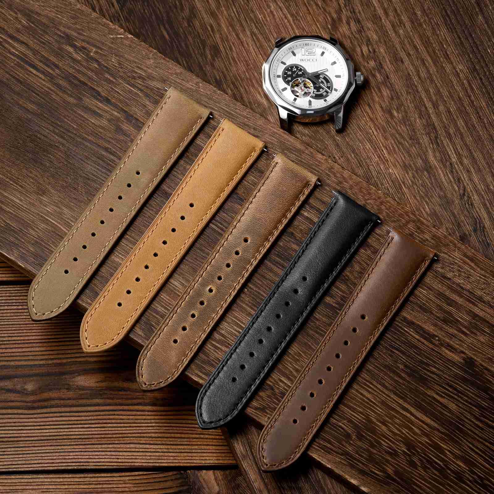 WOCCI Correa de Reloj, Cuero Genuino, Cuero con Forro Oscuro, Liberación Rápida, Ancho de Correa 18mm 20mm 22mm