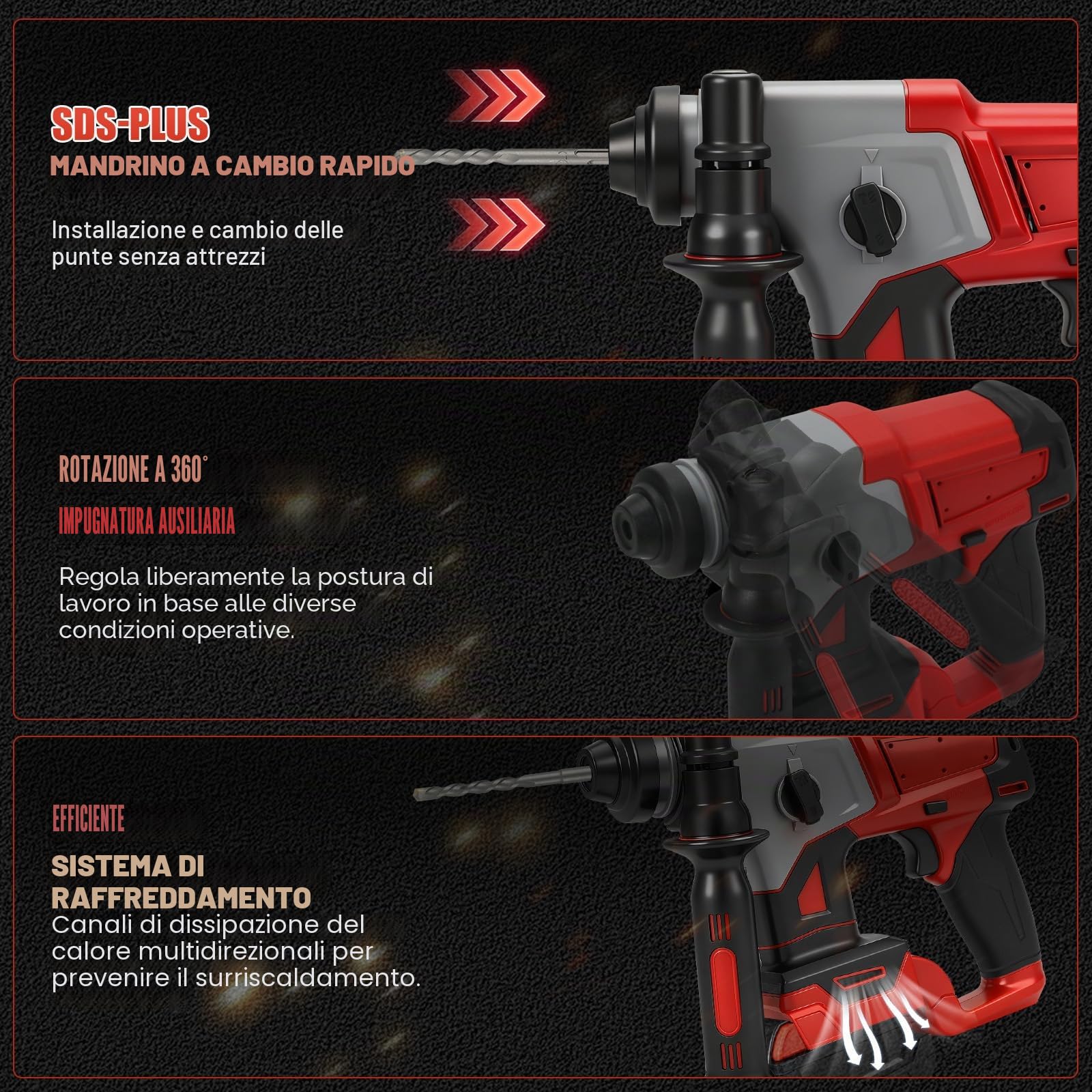 Roadtime 3J Martello Perforatore 1250W compatibile con Milwaukee 18V Battery (senza batteria),Motore senza spazzole martello 3500RPM,Hammer combinato con 3x Drill Bit SDS PLUS,Foratura 22mm