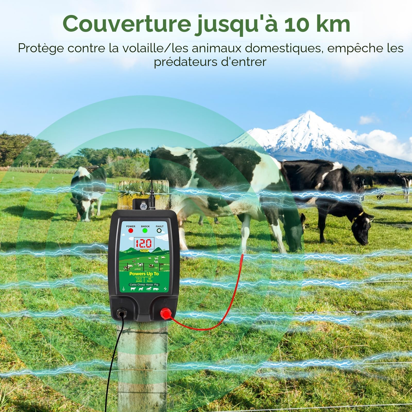 Dispositif de clôture électrique 12 V avec affichage LED, portée 15 km, 2 Joules, 12 kV, pour la protection des animaux de ferme, de la volaille, des pâturages et des jardins (B)