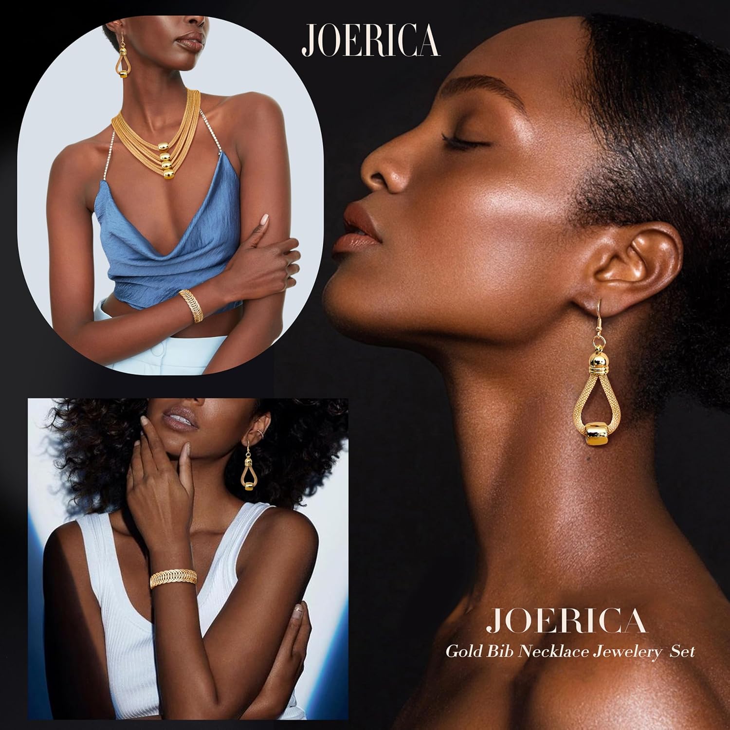 JOERICA 3Pcs Multi-Layer Bib Necklace African Jewelry Set for Women Choker Necklace Stretch Cuff Bracelet Dangle Earrings Halloween Costume Jewelry Set - Image 2
