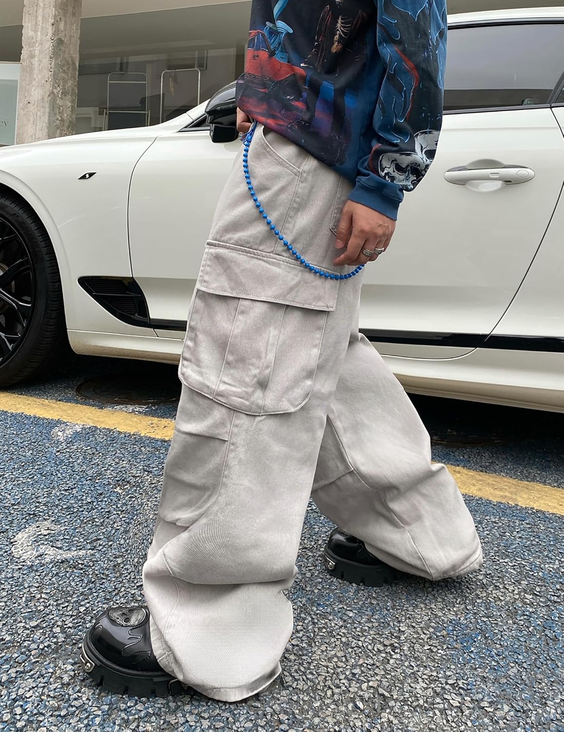 Mens Cotton Cargo Jeans Casual Loose Fit Pants Wide Leg Trousers with Pockets - Image 3