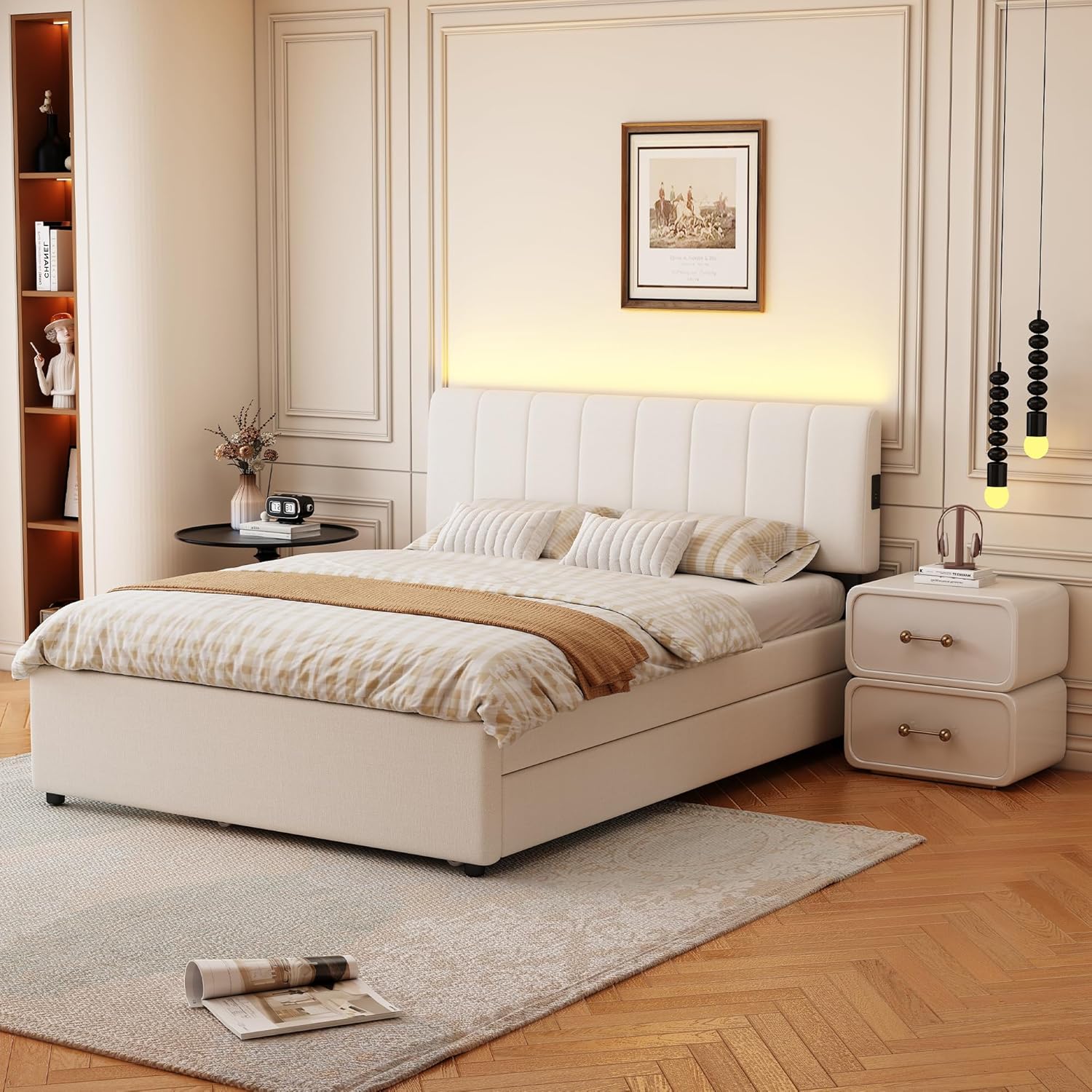 Full Size Upholstered Platform Bed with Trundle,2 Storage Drawers & USB/Type-C Charging,Chenille Fabric Bed Frame with APP-Controlled LED Lights,No Box Spring Needed,800LBS Capacity for Bedroom,Beige