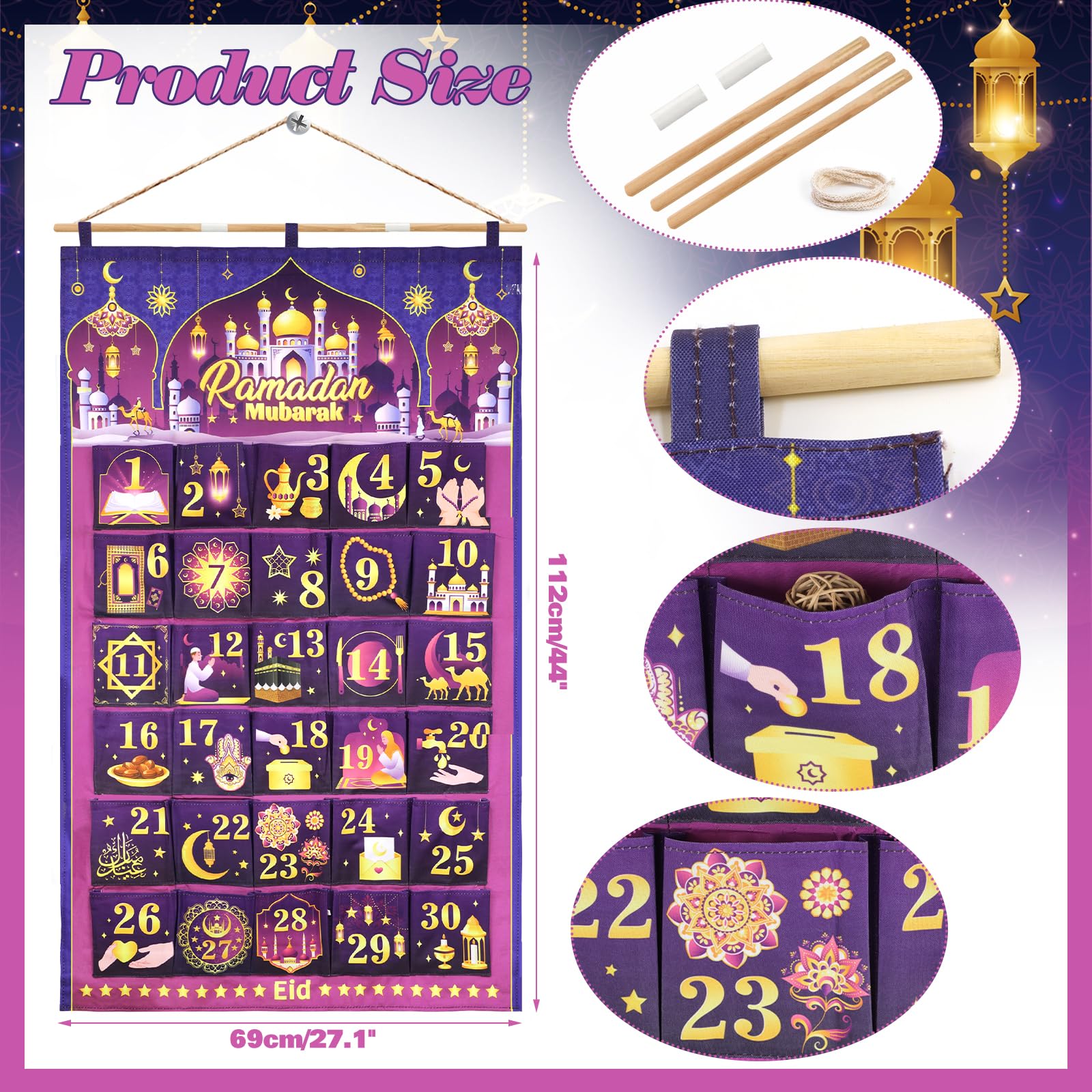DPKOW 30 Cloth Ramadan Calendar with Pockets - Image 2