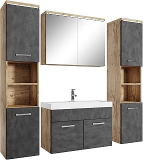Badplaats B.V. Conjunto de Muebles de baño Paso XL 80 x 40 cm - Roble Castaño con Gris Oscuro - Mueble de baño con Mueble Espejo y armarios Laterales