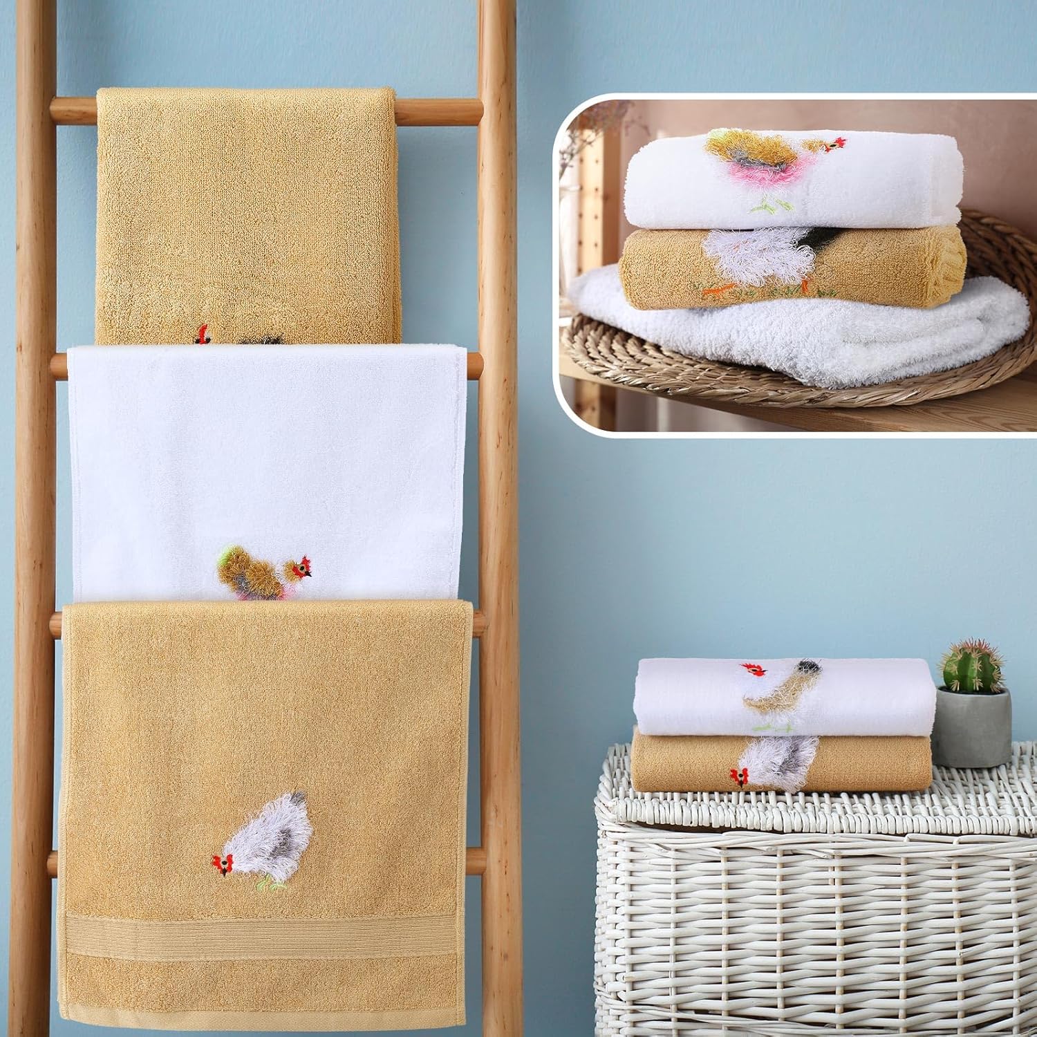 Hahafelt 4 Pcs Farmhouse Chicken Dish Towels Farm Rooster Kitchen Hand Towels Mbroidery 3D Fluffy Feather Chicken Funny Rustic Decorative Embroidered 100% Cotton Soft for Bathroom, 29 x 13 Inches