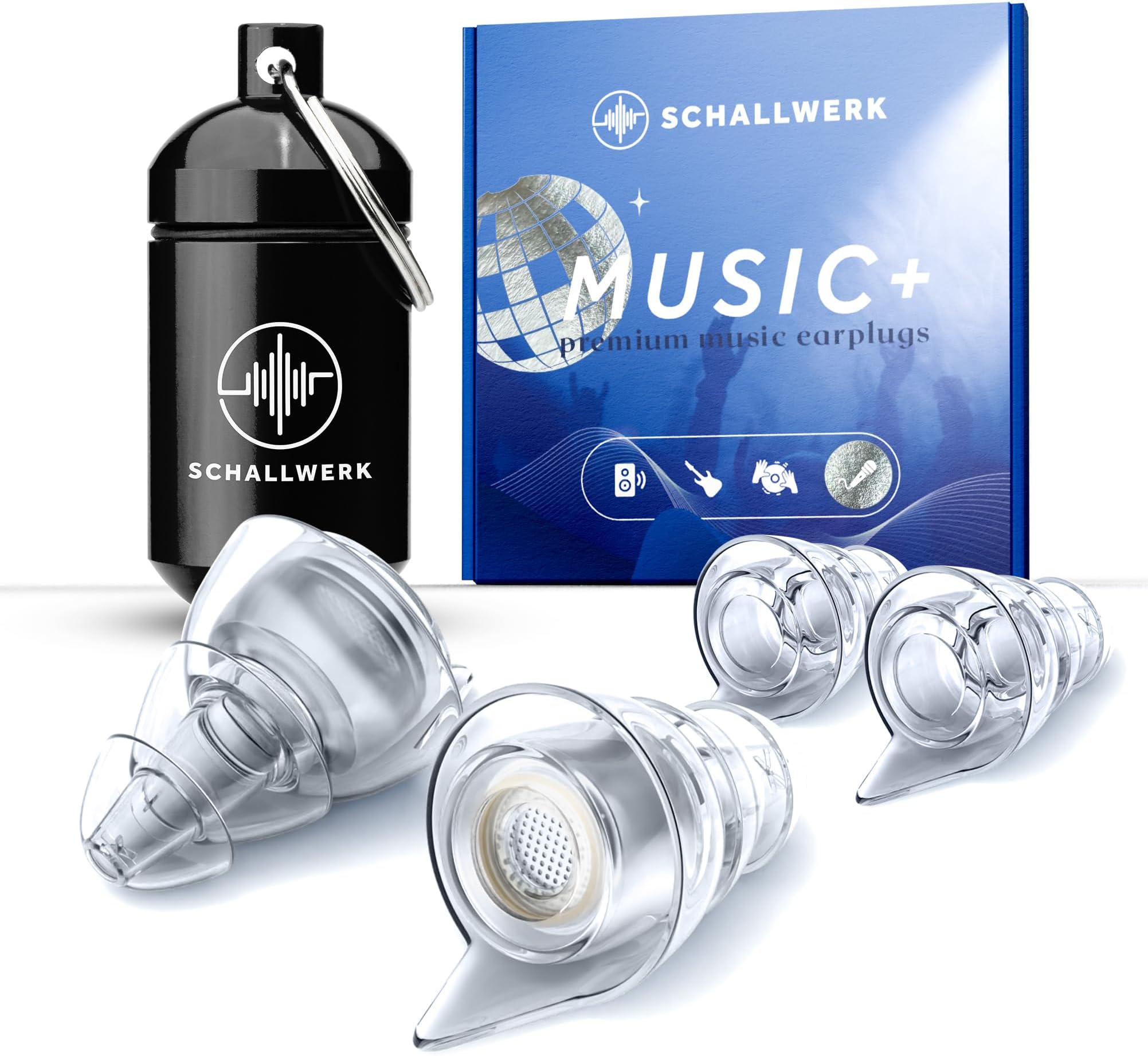 Schallwerk ® Music+ | Hearing protection earplugs for party, music, festivals, disco and concerts - Dampen noise & maintain high sound quality - Unobtrusive earplugs, musicians, protection