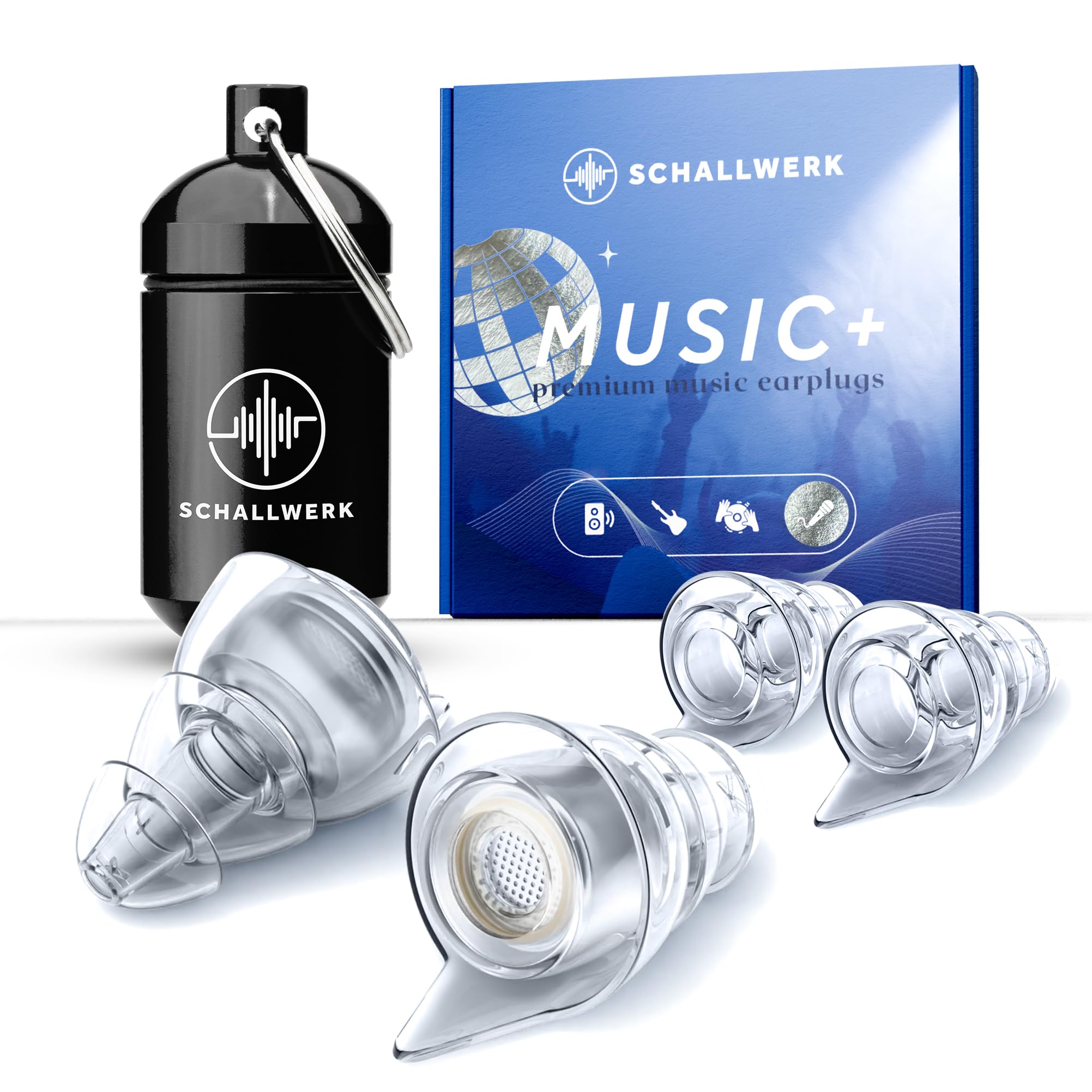 Schallwerk ® Music+ | Hearing protection earplugs for party, music, festivals, disco and concerts - Dampen noise & maintain high sound quality - Unobtrusive earplugs, musicians, protection