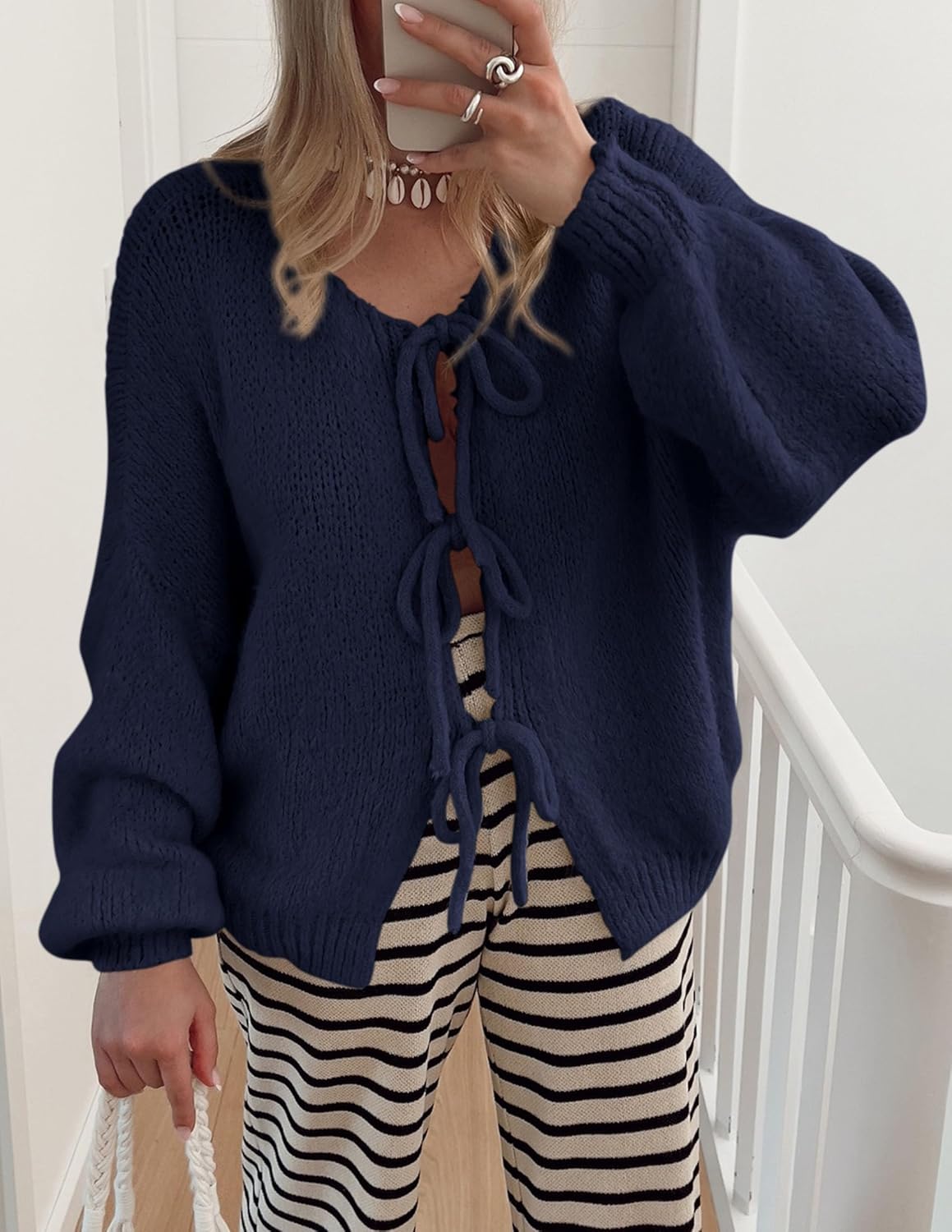 PRETTYGARDEN Women's Tie Front Bow Cardigan Sweaters Chunky Knit Long Puff Sleeve Trendy Fall Winter Jacket Coats - Image 5