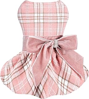 Kosiyi Yorkie Clothes Dog Dresses Sweater for Small Dogs Girl Puppy Clothes Pink Dogs Dress Princess Plaid Dress, Pet Clothes Holiday Festival Outfits Apparel Fall Winter Christmas Dress, Small, Pink