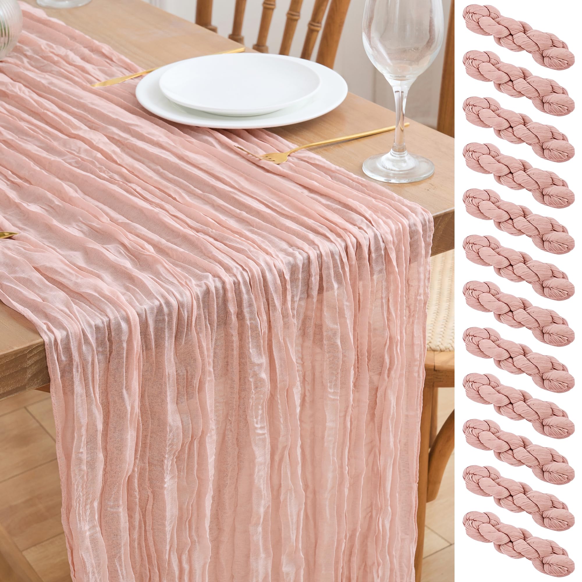Asee'm 12PCS Tischläufer Käsetuch 300 x 90cm Staubiges Rosa Boho Transparente Läufer Tisch Hochzeit Gaze Stoff Rustikale Käse Tuch für Braut Dusche Party | Durchsichtiger Boho-Tischläufer für Partys, 308 cm lang, Stoff, Ostern, Hochzeit, Babyparty, Brautp