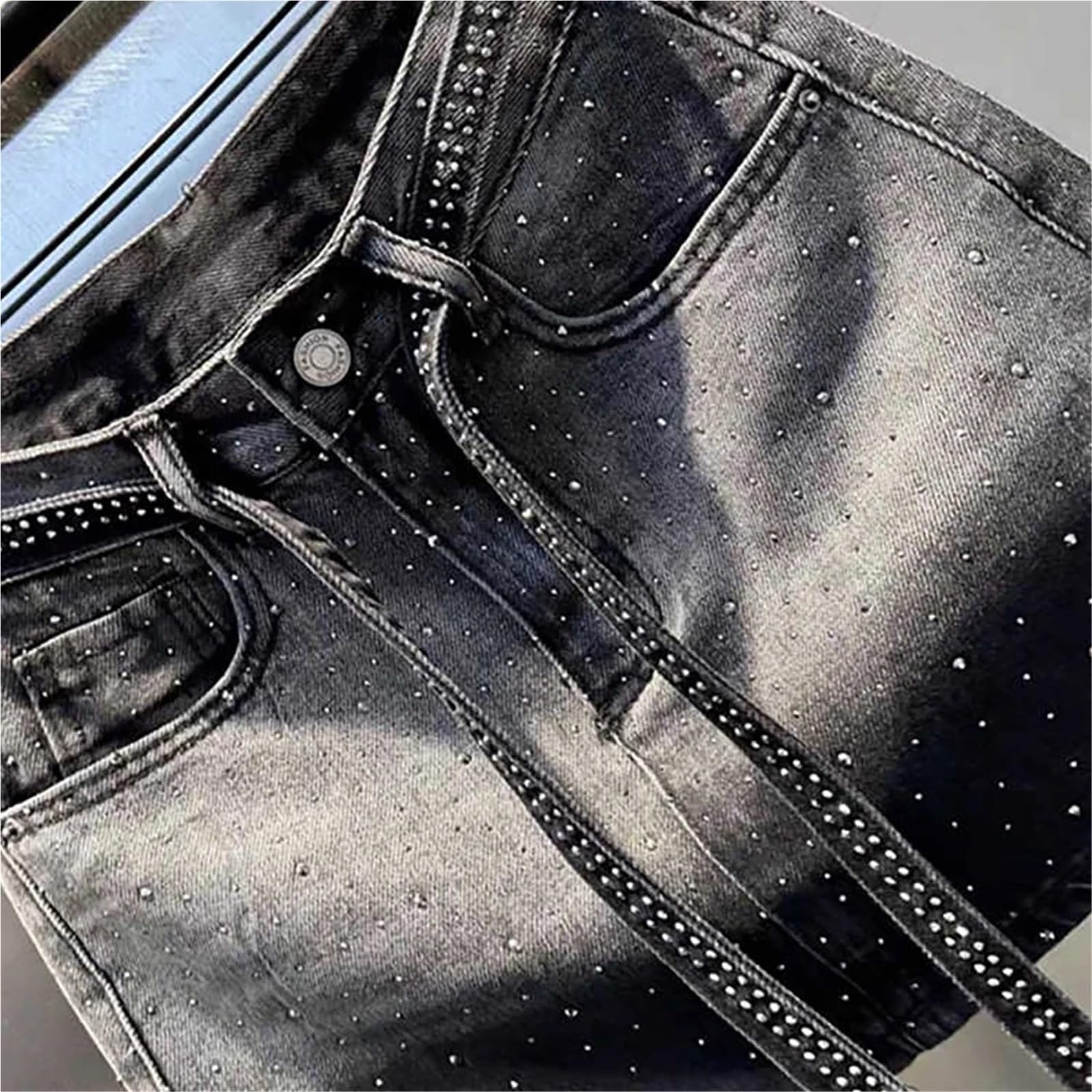 Minigonna in Denim con Diamanti retrò Oversize da 1 Pezzo for Le Donne, Vita Estiva, gonne Sottili Rivetti Lucidi, Jean sfumate per Vacanze E Feste