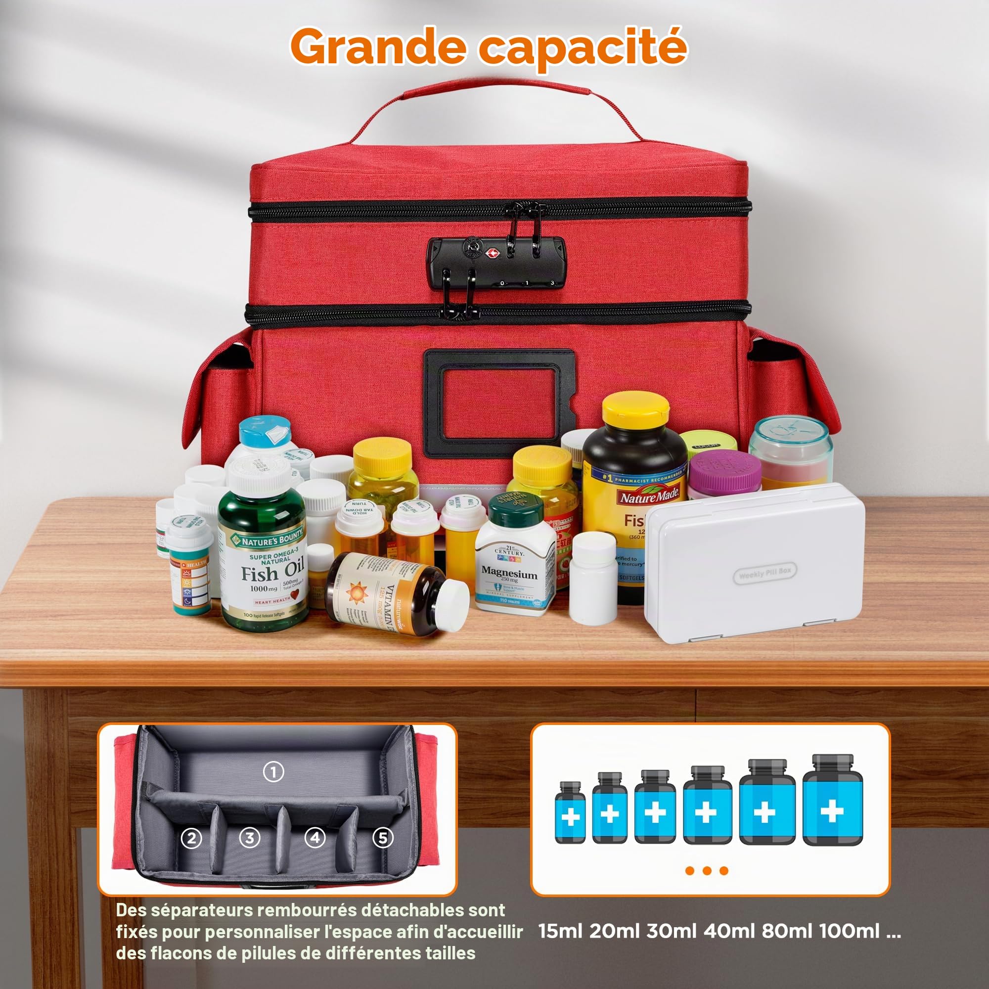 Zannaki Sac de rangement pour médicaments avec serrure à combinaison, double couche, pilulier vide, boîte de verrouillage de médicaments avec fermetures éclair pour ordonnance, vitamines, suppléments