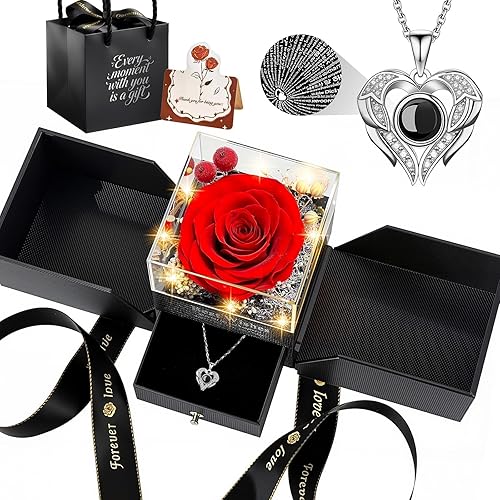 TranquilBliss Gifts for Mom, Preserved Real Red Rose Gift Box with Heart Necklace,“I Love You” in 100 Languages, I Love You Eternal Flowers Rose Gift Set for Mother's Day, Anniversary