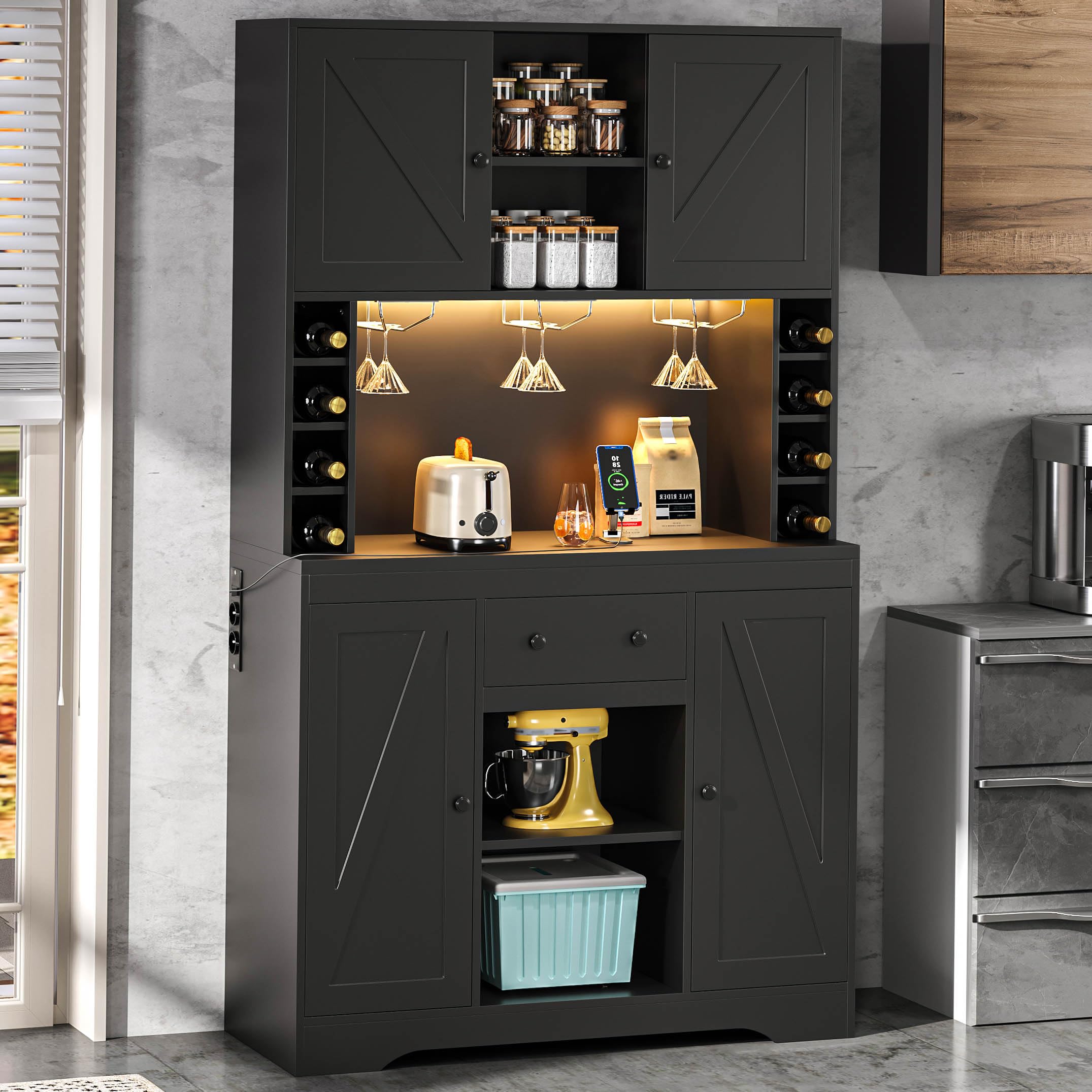 Armario de cocina con encimera, armario buffet con iluminación LED, enchufes, armario alto con soporte para copas de vino y compartimentos para botellas de vino, armario alto para comedor