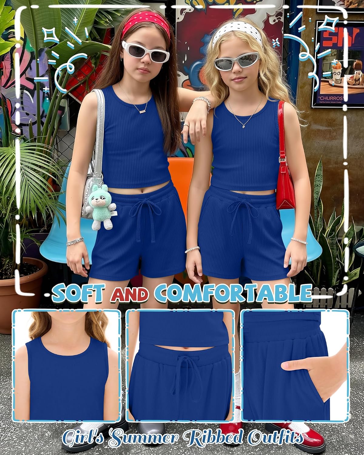 Girls 2 Piece Outfits Summer Matching Sets Kids Ribbed Crop Tank Top and Short Sets Teen Cute Casual Clothes 5-14 Y