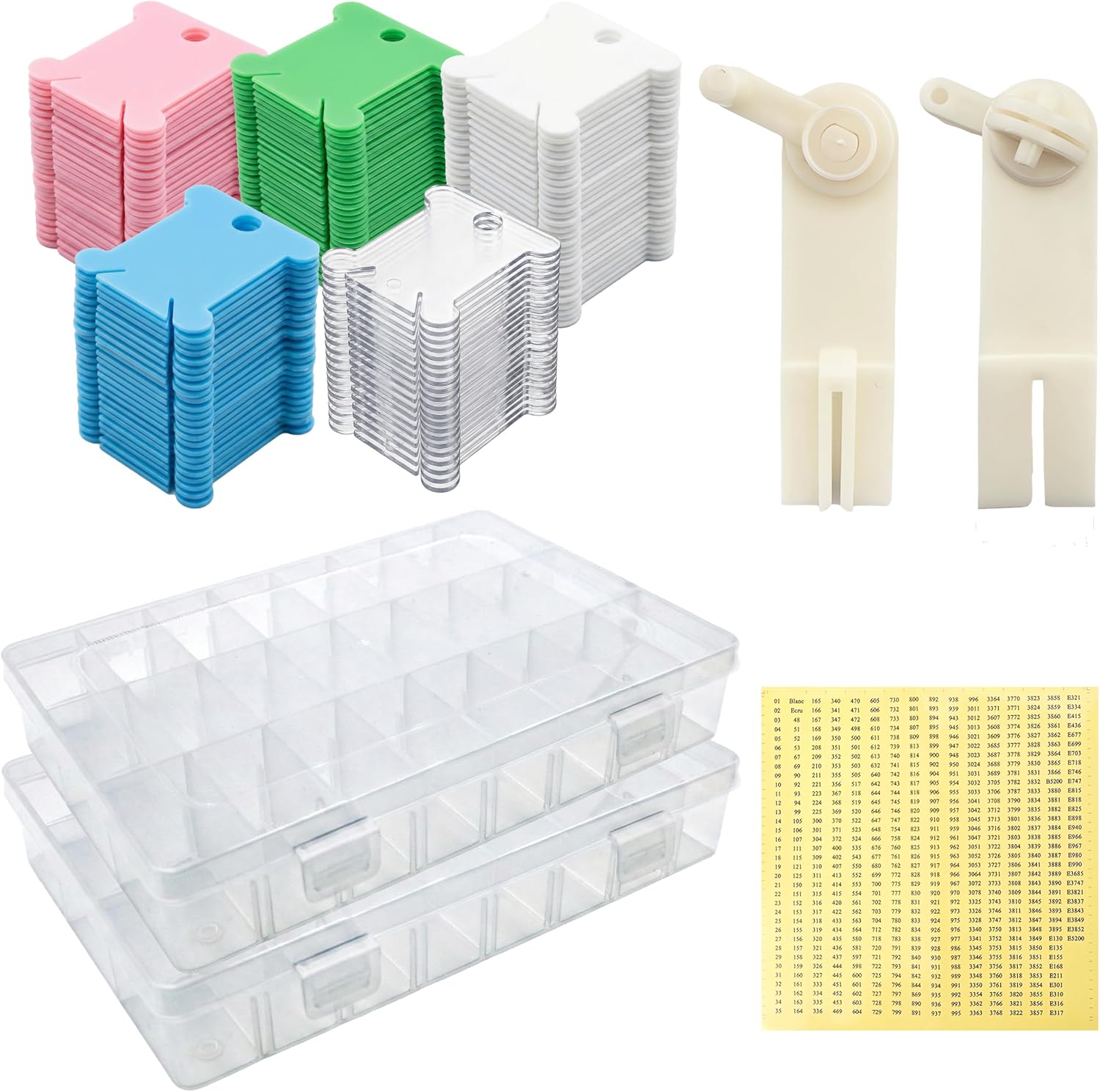 305 Pcs Embroidery Floss Organizer Kit, Includes 2 Removable 24-Grid Thread Storage Boxes with Plastic Bobbins, 2 Bobbin Winders, and 1 Numerical Tags for Cross Stitch, Sewing, and DIY Craft Storage