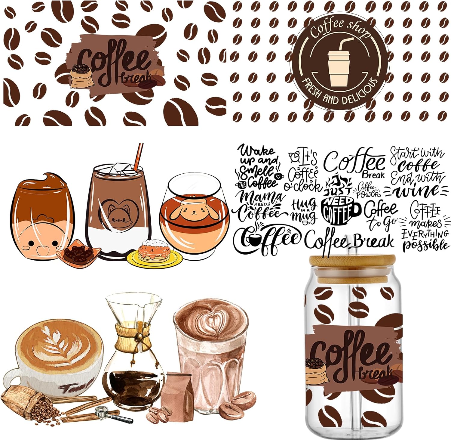 KJMYYXGS Adhesivo de transferencia UV DTF, 5 hojas de café frotado en transferencias para tazas de vidrio de 16 onzas y calcomanías decorativas para