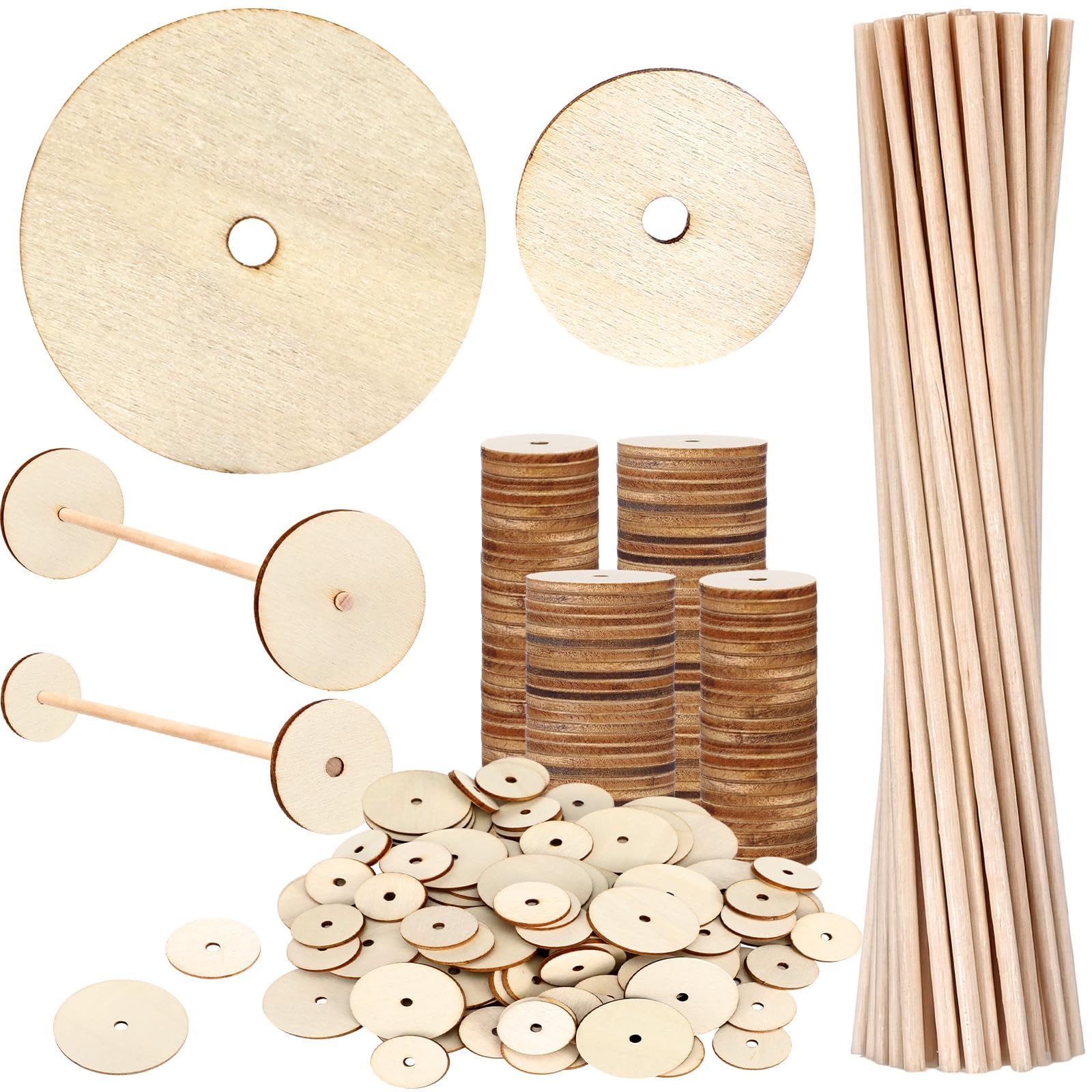 Amyhill 100 Unfinished Wooden Wheels with 50 Dowel Rod Assortment Sticks, Small/Large Wood Craft Toy Wheels Flat Model Car Circles Wood Crafting Supplies for Home School